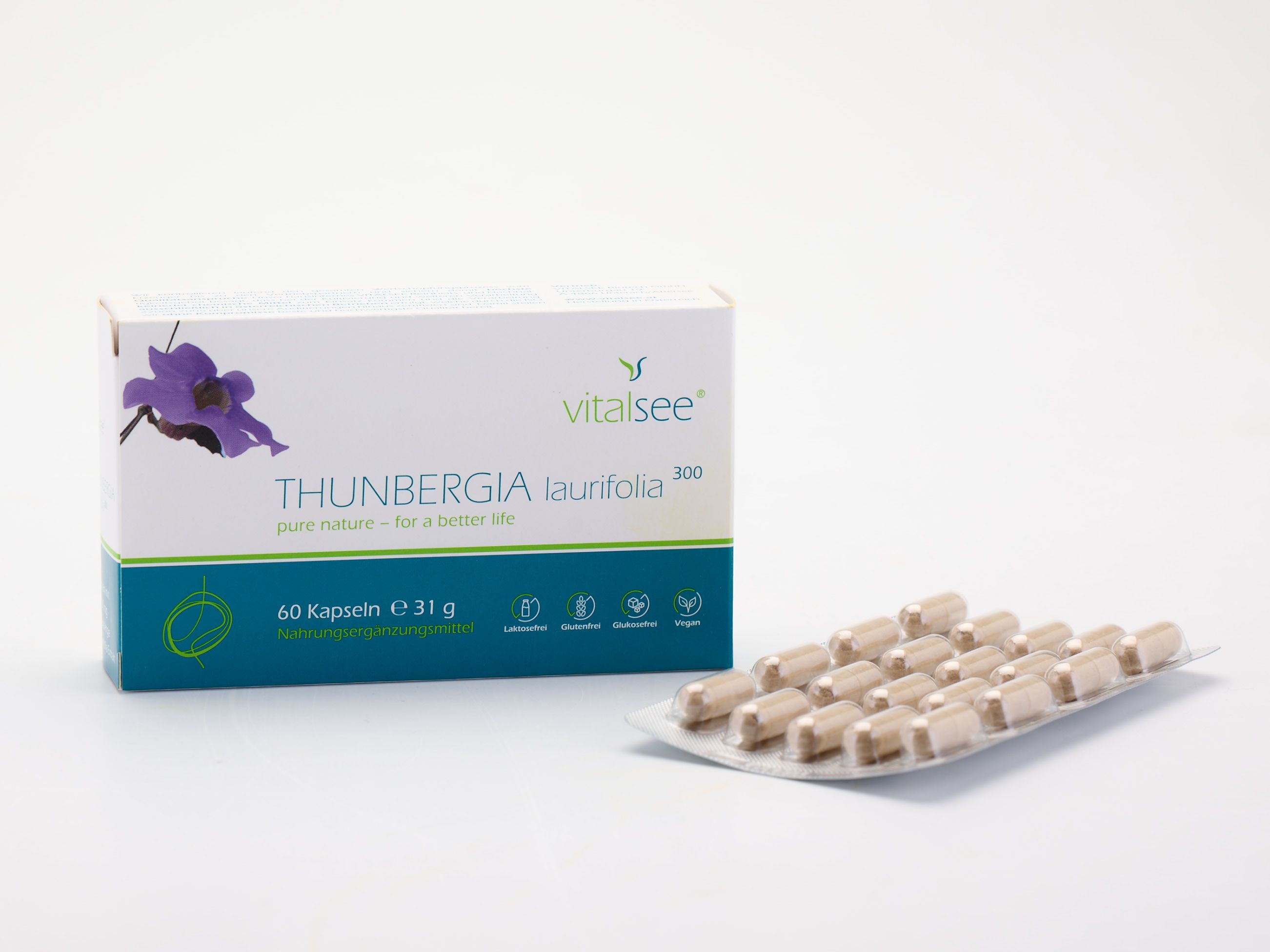 Vitalsee THUNBERGIA laurifolia 300 Extrakt Packung und Blister mit Kapseln. Glutenfrei, laktosefrei, vegan.