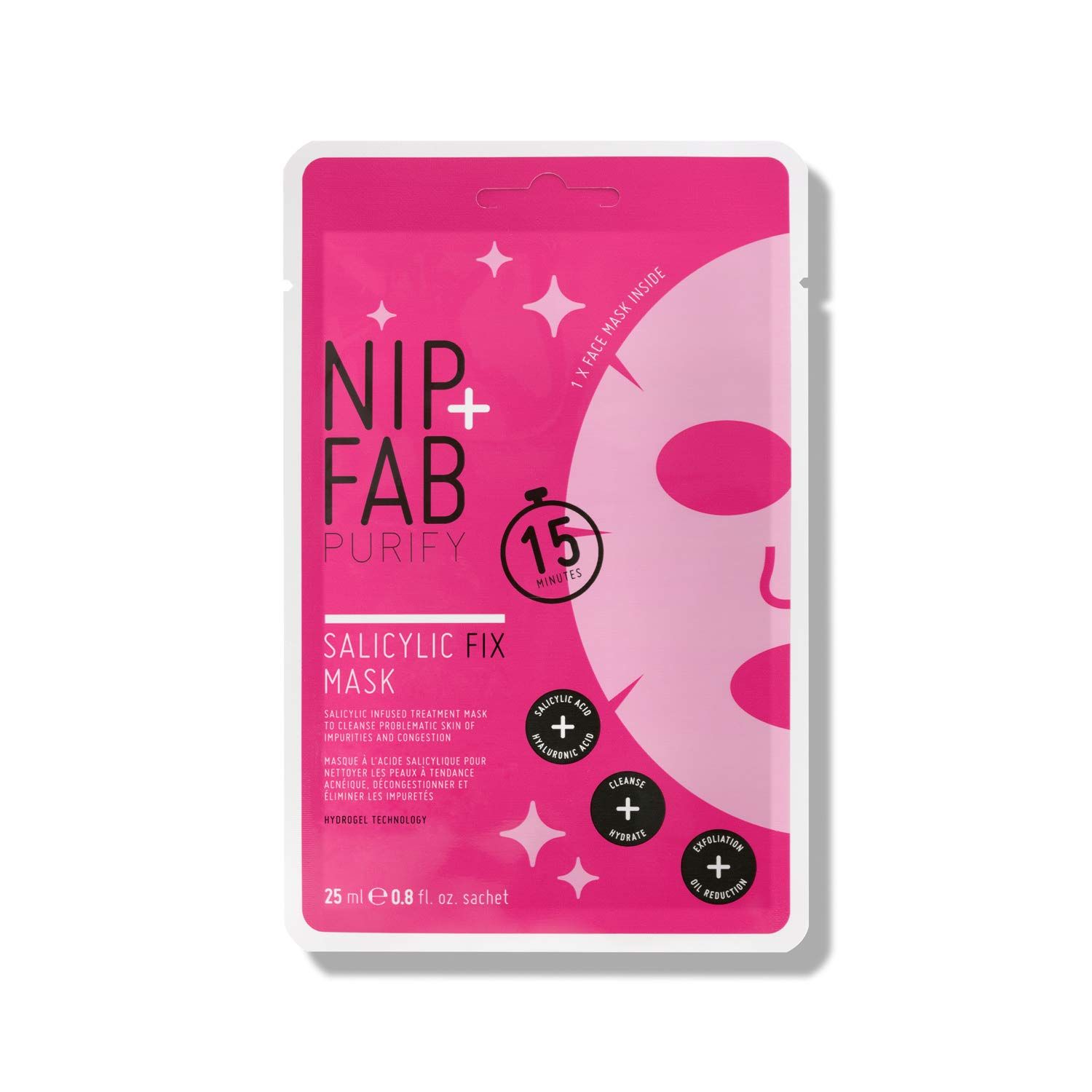 Rosa Verpackung mit "Nip + Fab" und "Salicylic Fix Mask". Enthält eine Gesichtsmaske. 25ml.