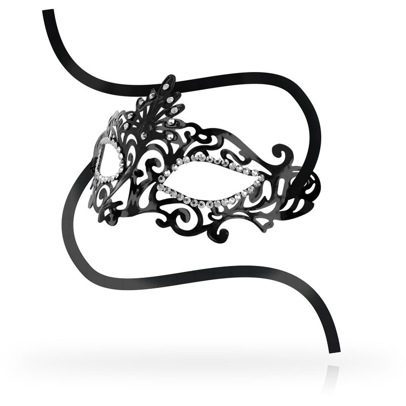 Schwarze Maske mit Perlenbesatz und filigranem Muster. Zwei schwarze Bänder zur Befestigung.
