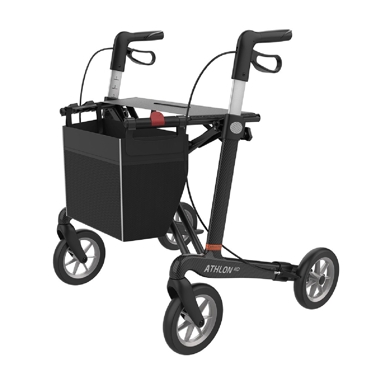 Schwarzer Rollator mit Korb und Tablett. Graue Räder. ATHLON HD Schriftzug.