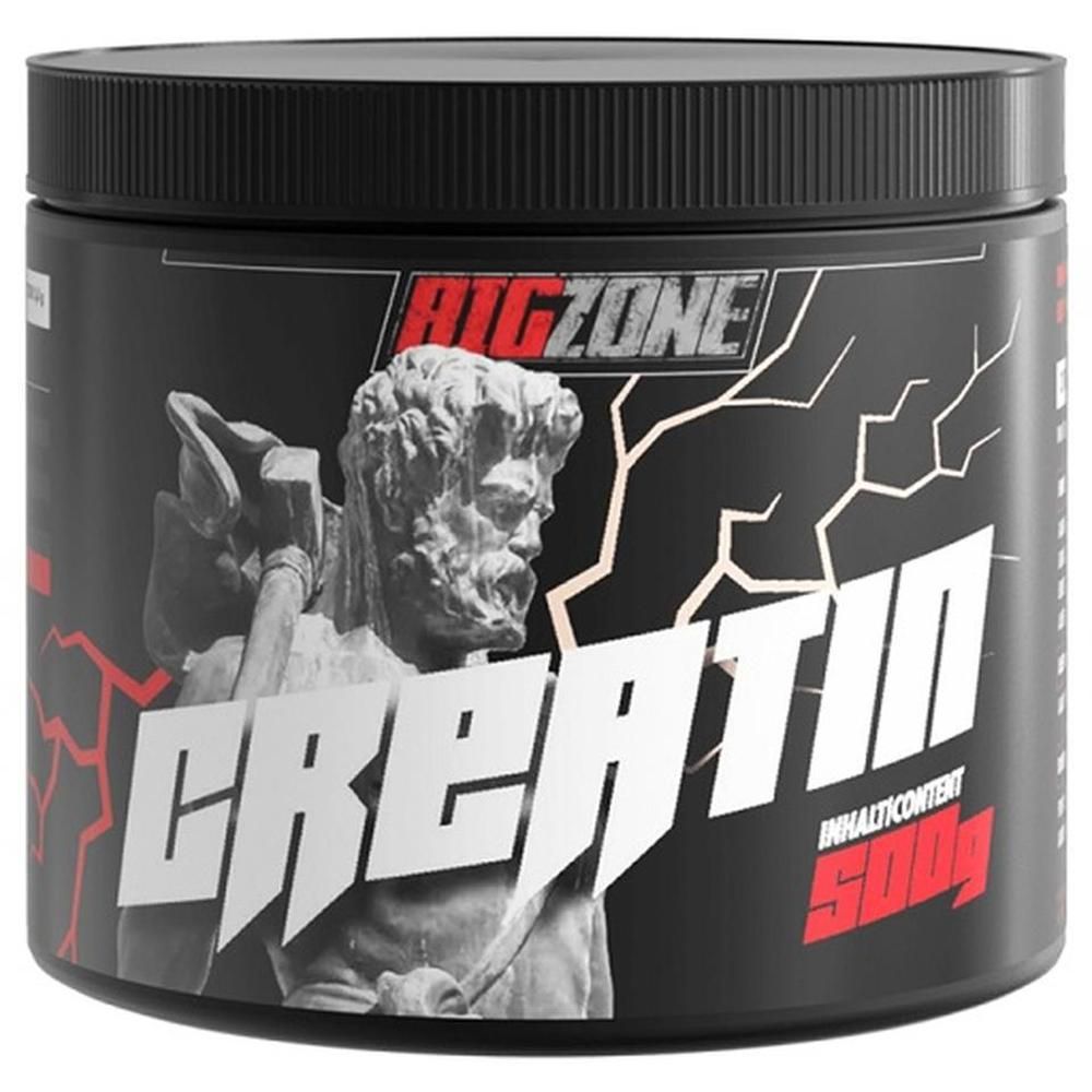 Schwarze Dose mit Deckel. Aufschrift: BIG ZONE CREATIN. Enthält 500g. Abbildung einer Statue.