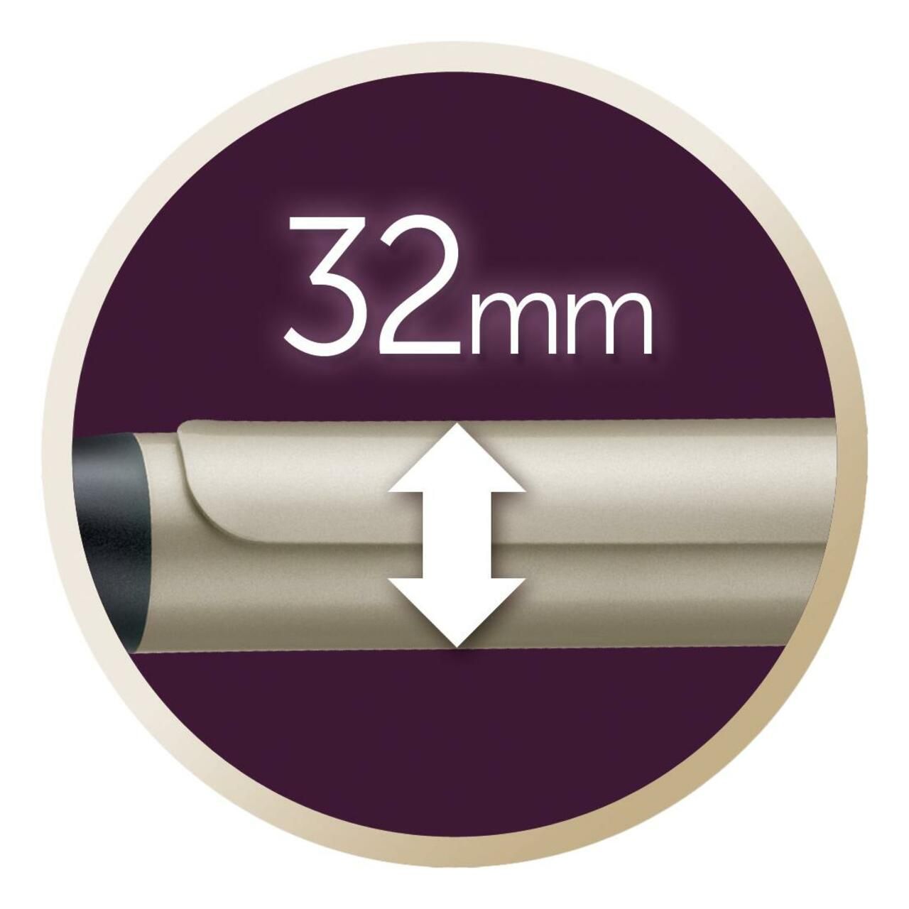 Nahaufnahme des Lockenstabes. 32mm Durchmesser. Pfeile zeigen die Größe an.