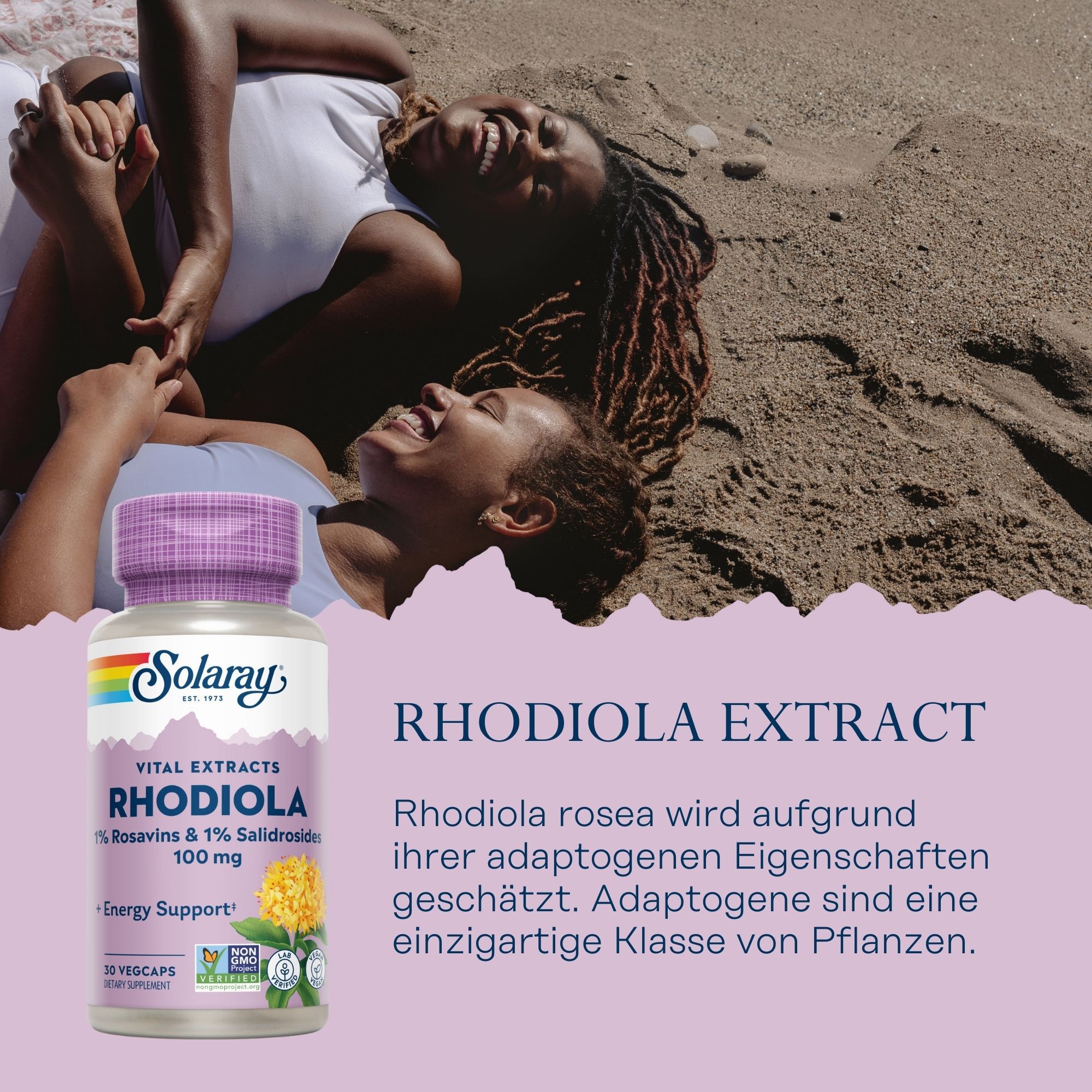 Solaray Rhodiola Extrakt 100 mg Flasche. Lila Deckel, weißes Etikett mit Produktinformationen. 30 Kapseln. Aufschrift: Rhodiola Extrakt.