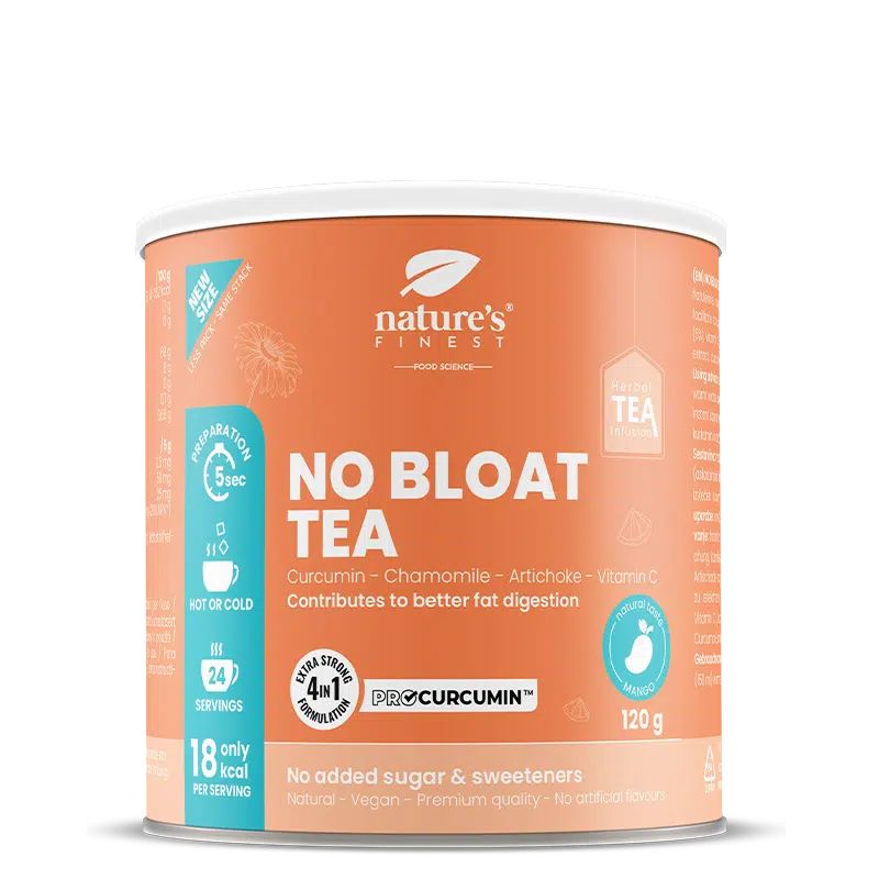 Nature's Finest Kein Bloat Tee Dose mit Informationen zur Zubereitung und Inhaltsstoffen.