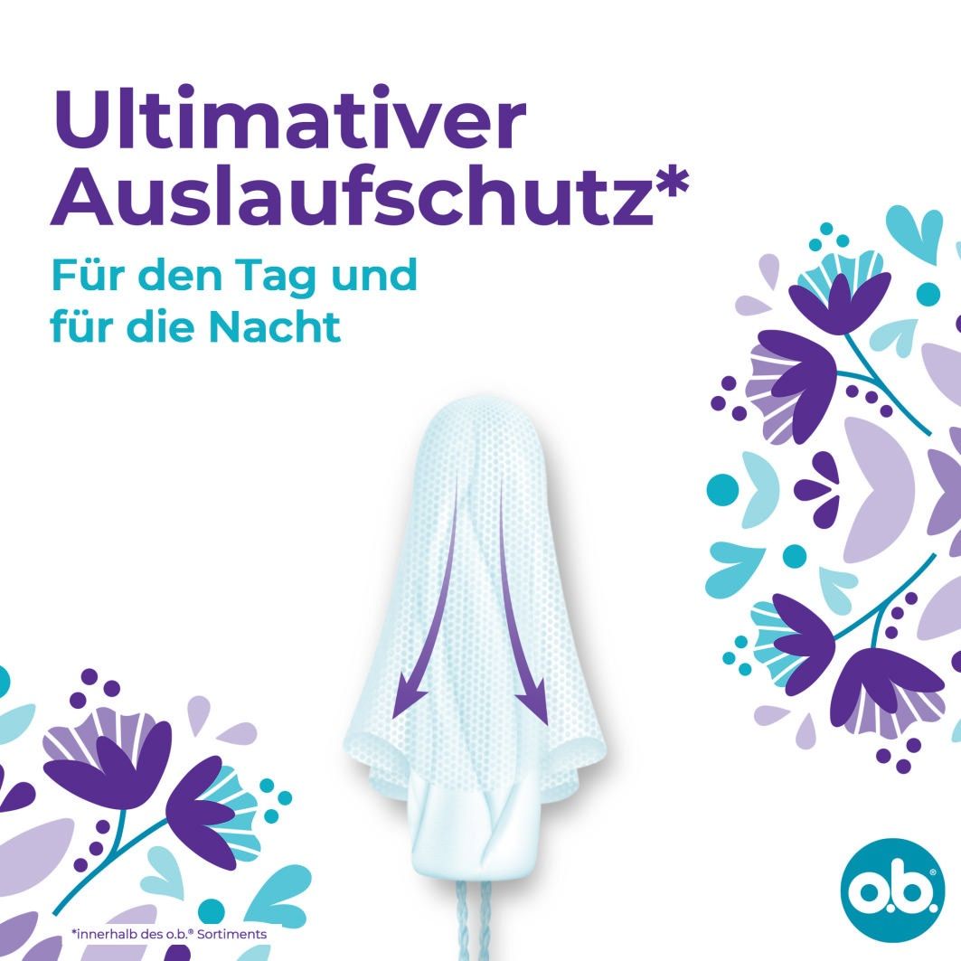 Logo mit Blatt und Text: 100% pflanzlich basierter Tamponkern. Lila Blumenmuster.