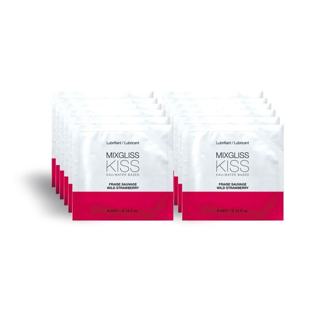Mehrere Einzelverpackungen mit rotem Streifen und Produktnamen. Text: Mixgliss Kiss, Fraise Sauvage, Wasserbasiert.