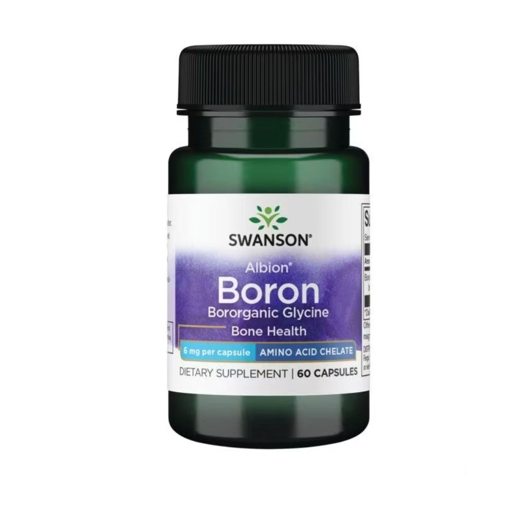 Grüne Flasche mit schwarzem Deckel. Auf dem Etikett steht "SWANSON Albion Boron". Enthält 60 Kapseln. Zusatznahrung für die Knochengesundheit.