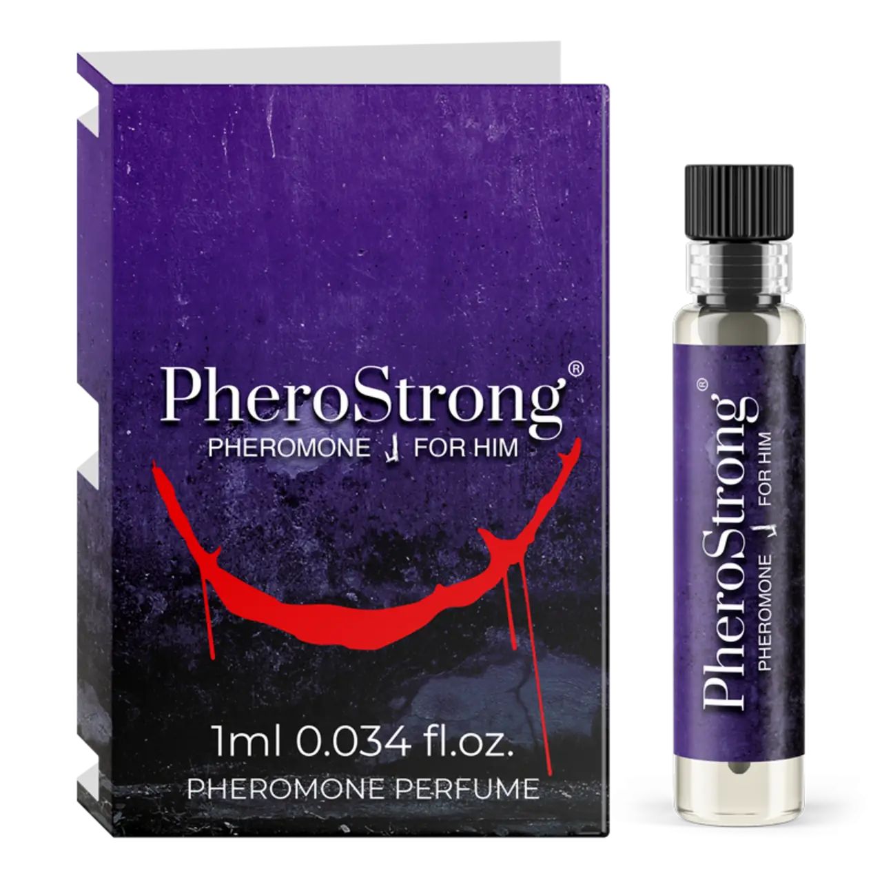 PheroStrong Pheromon Parfüm für Männer, 1ml Fläschchen und Verpackung.
