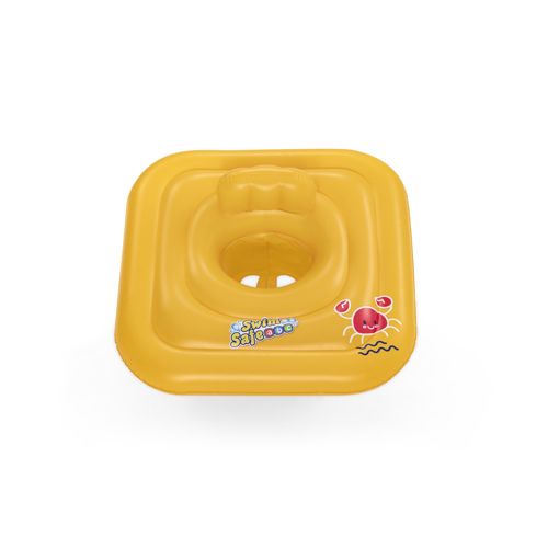 Gelber Schwimmsitz mit quadratischer Form. "Swim Safe"-Logo und Krabben-Illustration. Aufblasbares Design mit Sitzöffnung.