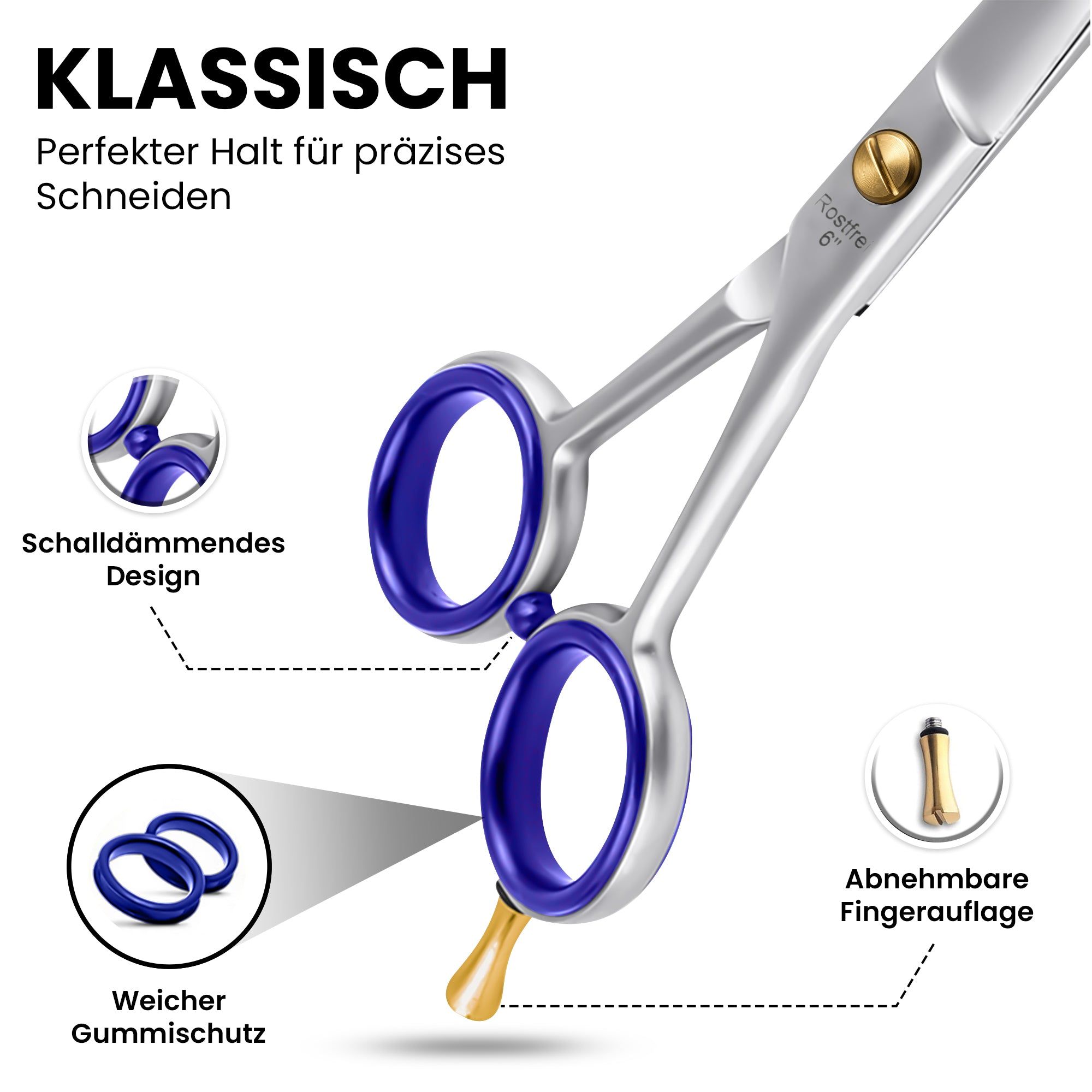 Nahaufnahme der Friseurschere mit blauen Gummigriffen und goldenem Akzent. Zusätzliche Elemente: Fingerauflage, Gummischutz.