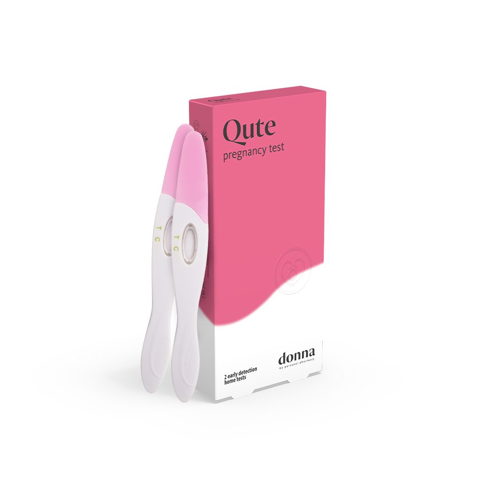 Rosa Verpackung und zwei Teststäbchen. Aufdruck: Qute pregnancy test. Marke: donna. Text: 2 early detection home tests.