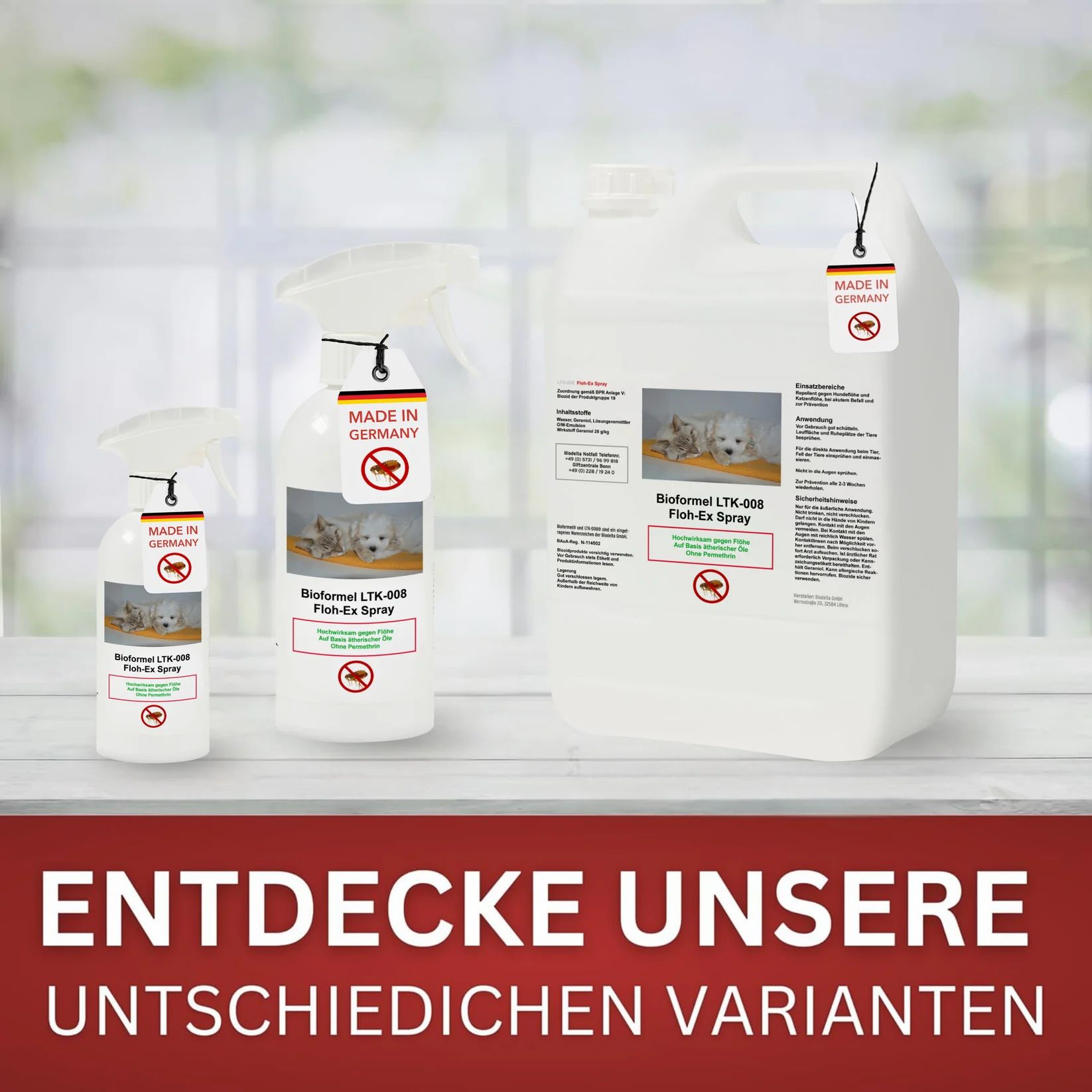 Drei Behälter, Sprühflasche und Kanister. Text: Entdecke unsere verschiedenen Varianten.