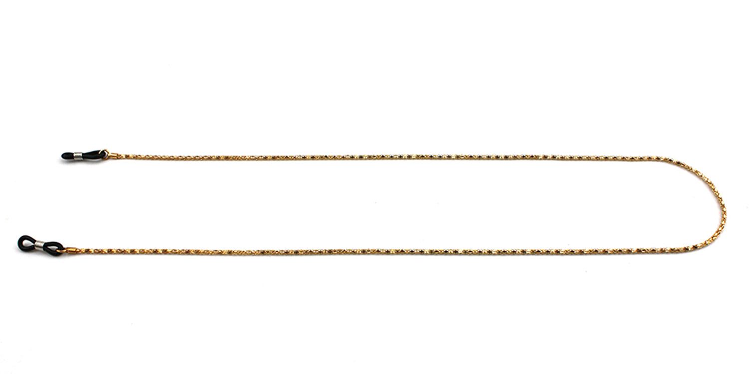 Goldfarbene Brillenkette mit schwarzen Gummischlaufen. Die Kette ist horizontal angeordnet.