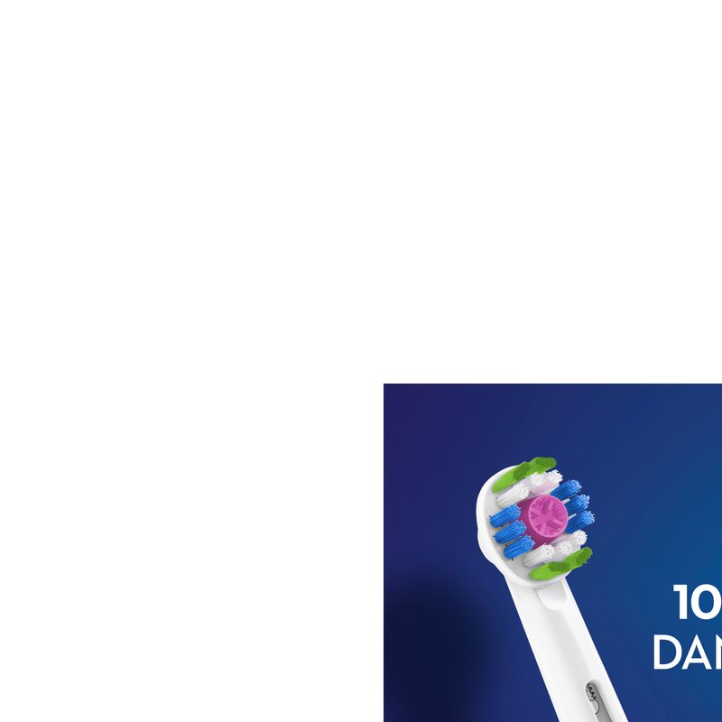 Nahaufnahme eines Zahnbürstenkopfes mit blauen, grünen und weißen Borsten. Text: 100% DAN.