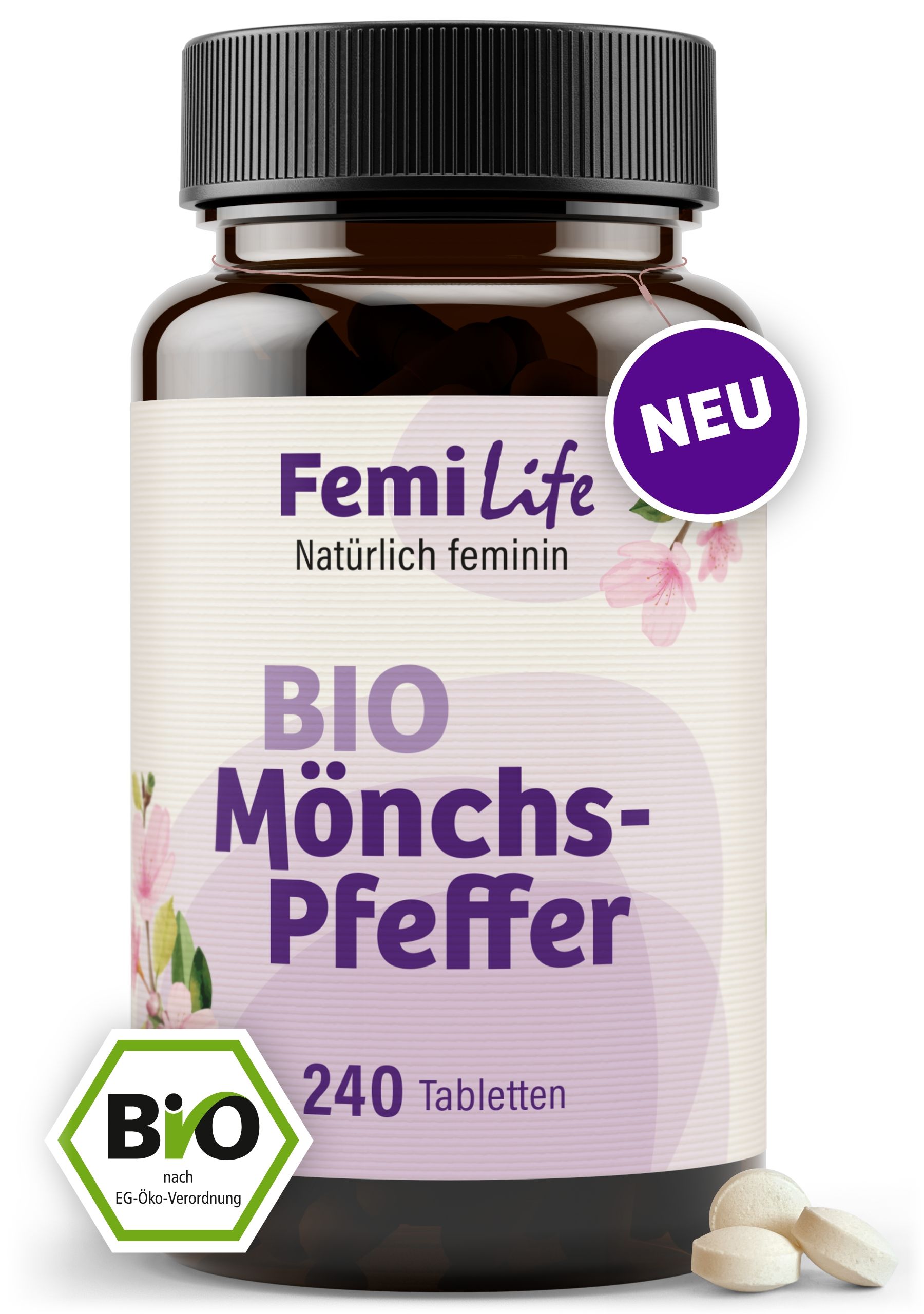 Braune Tablettenflasche, BIO Mönchspfeffer, 240 Tabletten, FemiLife, mit 'NEU' Aufkleber.