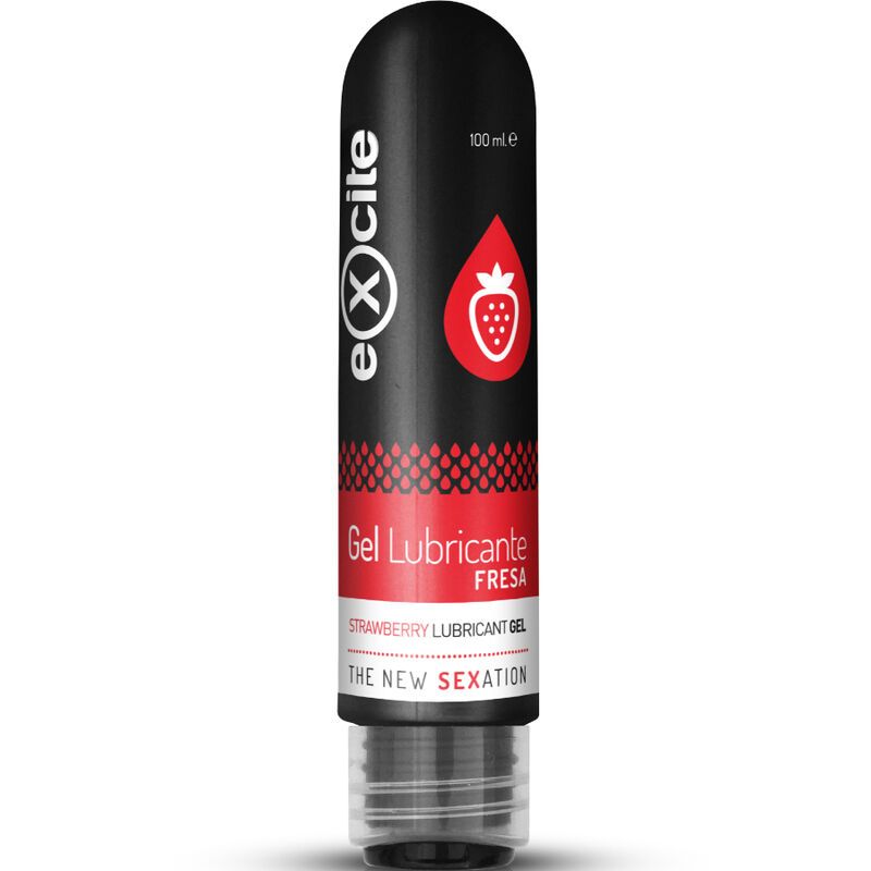 Zylindrische Tube. Schwarzer Hintergrund mit rotem Tropfen und Erdbeere. Aufschrift: Gel Lubricante Fresa, Strawberry Lubricant Gel.