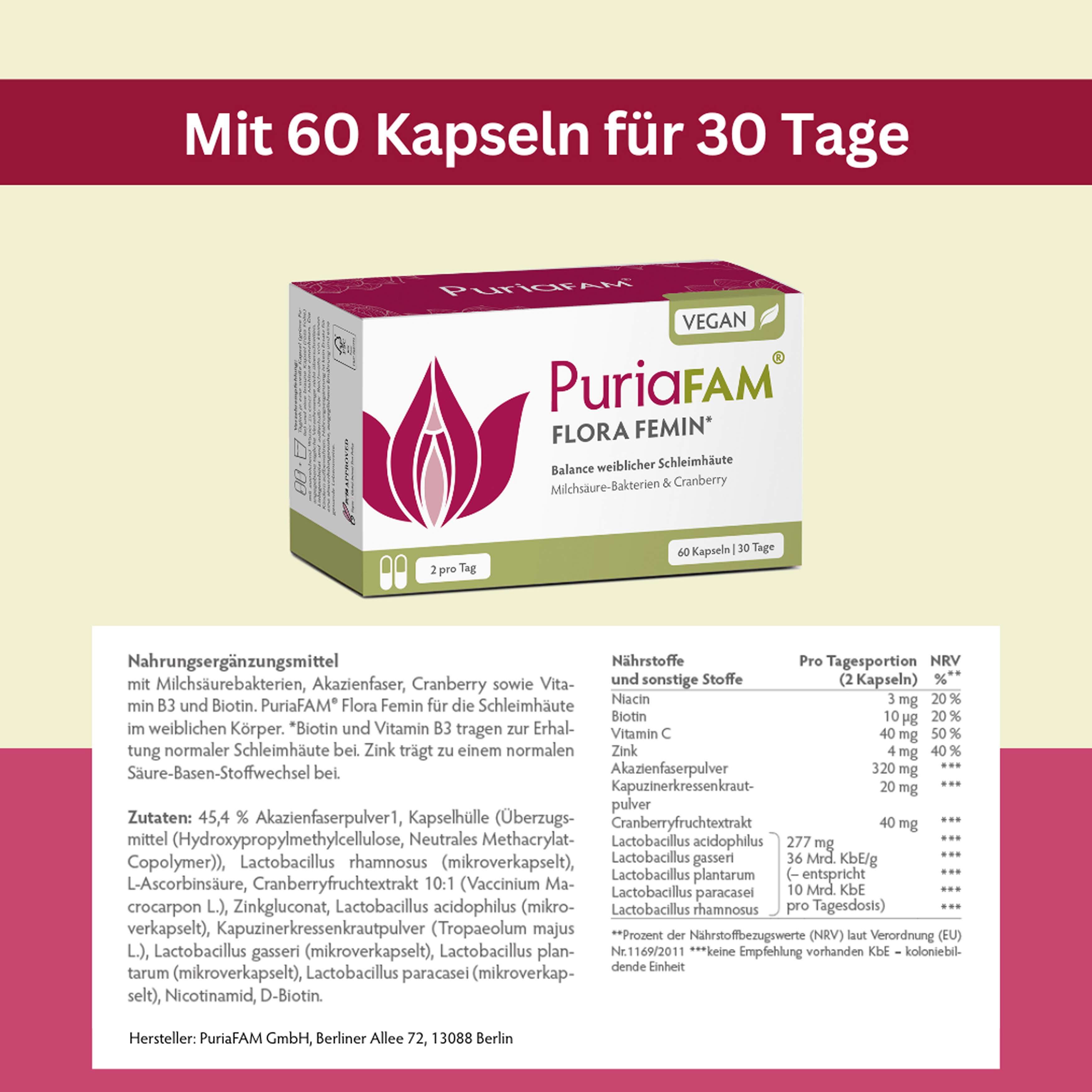 Produktverpackung mit Inhaltsangaben. Text: 60 Kapseln für 30 Tage, Inhaltsstoffe, Nährwertangaben, vegan.