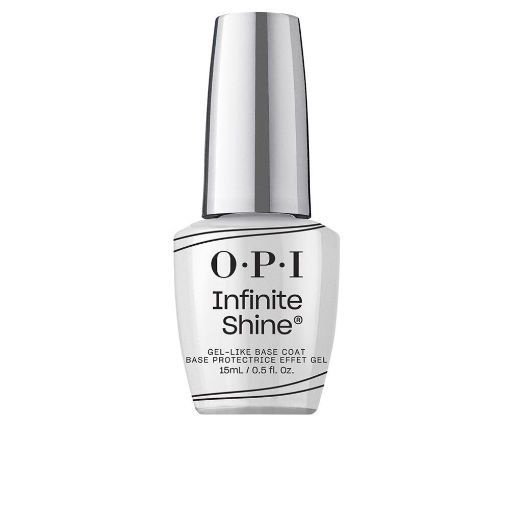 OPI Infinite Shine Base Coat. Flasche mit silbernem Deckel. Aufschrift: O.P.I, Infinite Shine, Gel-Like Base Coat.