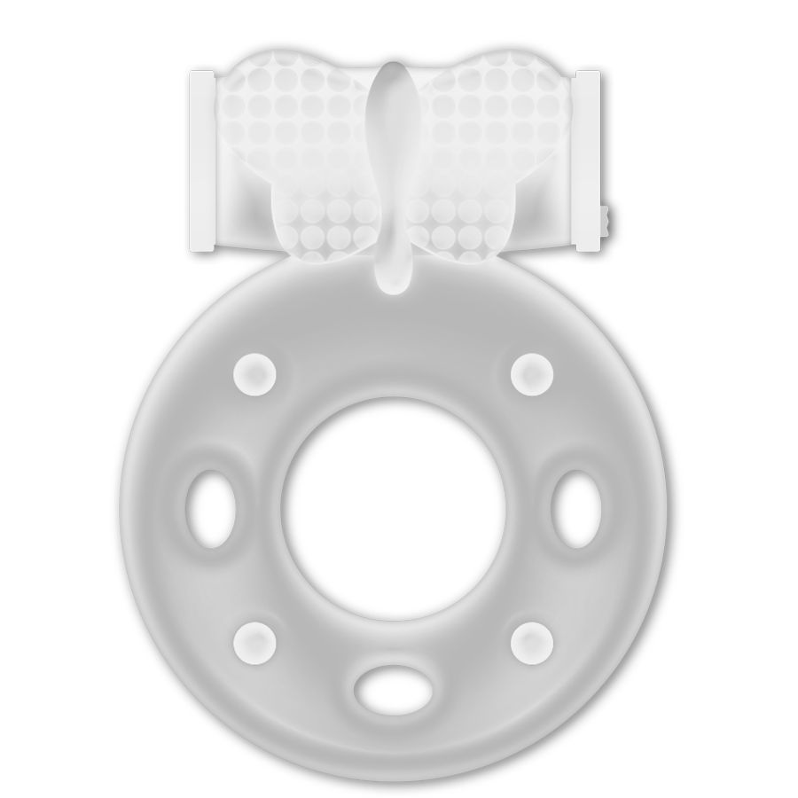 Weißer Vibrationsring mit Klitorisstimulation. Ringförmig mit sechs Erhebungen. Zwei Stimulationselemente.