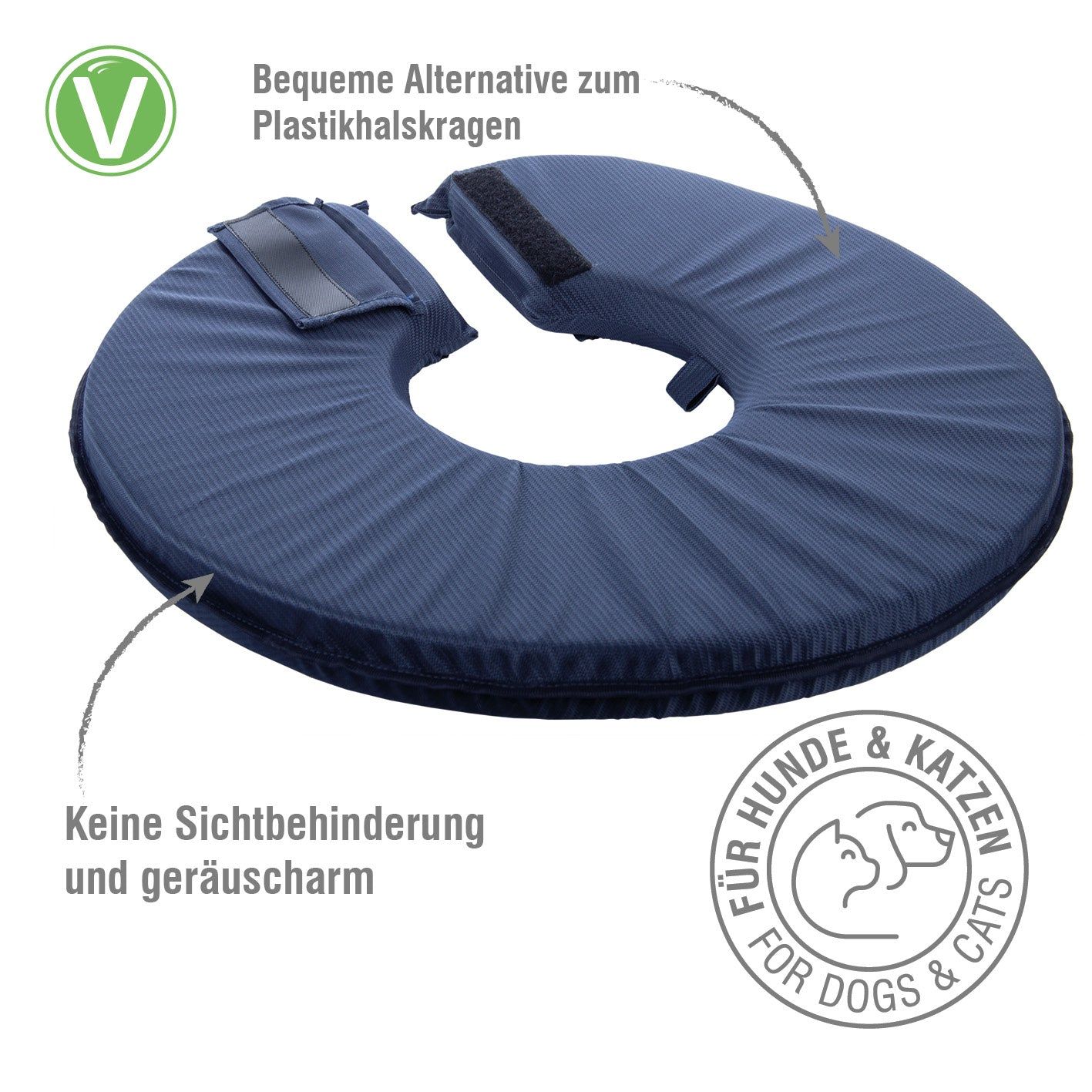 Blauer Leckschutzkragen. Text: Bequeme Alternative zum Plastikkragen. Für Hunde & Katzen. Keine Sichtbehinderung. Geräuscharm.