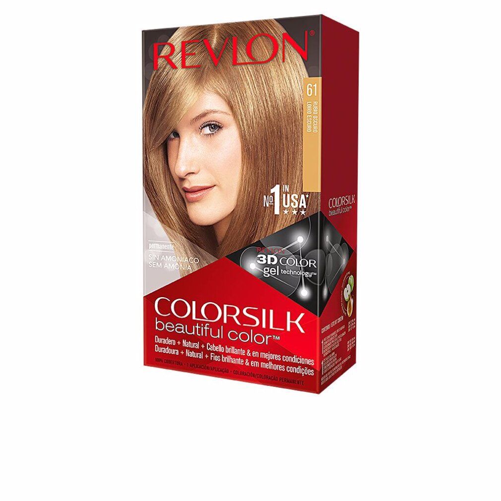 Revlon Colorsilk Haarfärbemittel-Verpackung, Dark Blonde 61. Frau mit blondem Haar. Text: 3D Color Technology, ohne Ammoniak. Verpackung schräg.