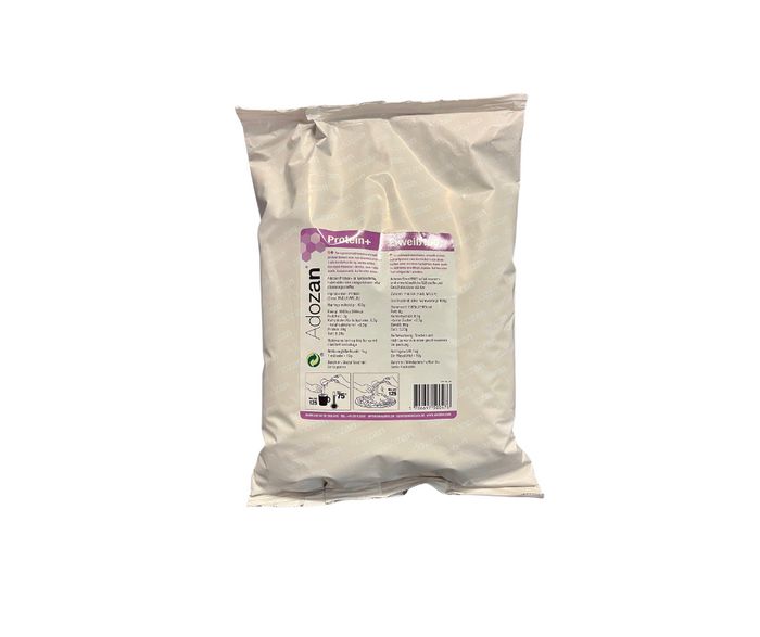 Beutel mit Produktinformationen. Aufdruck: Protein+ (Eiweiß 100). Lila Akzente. Adlozan-Logo.