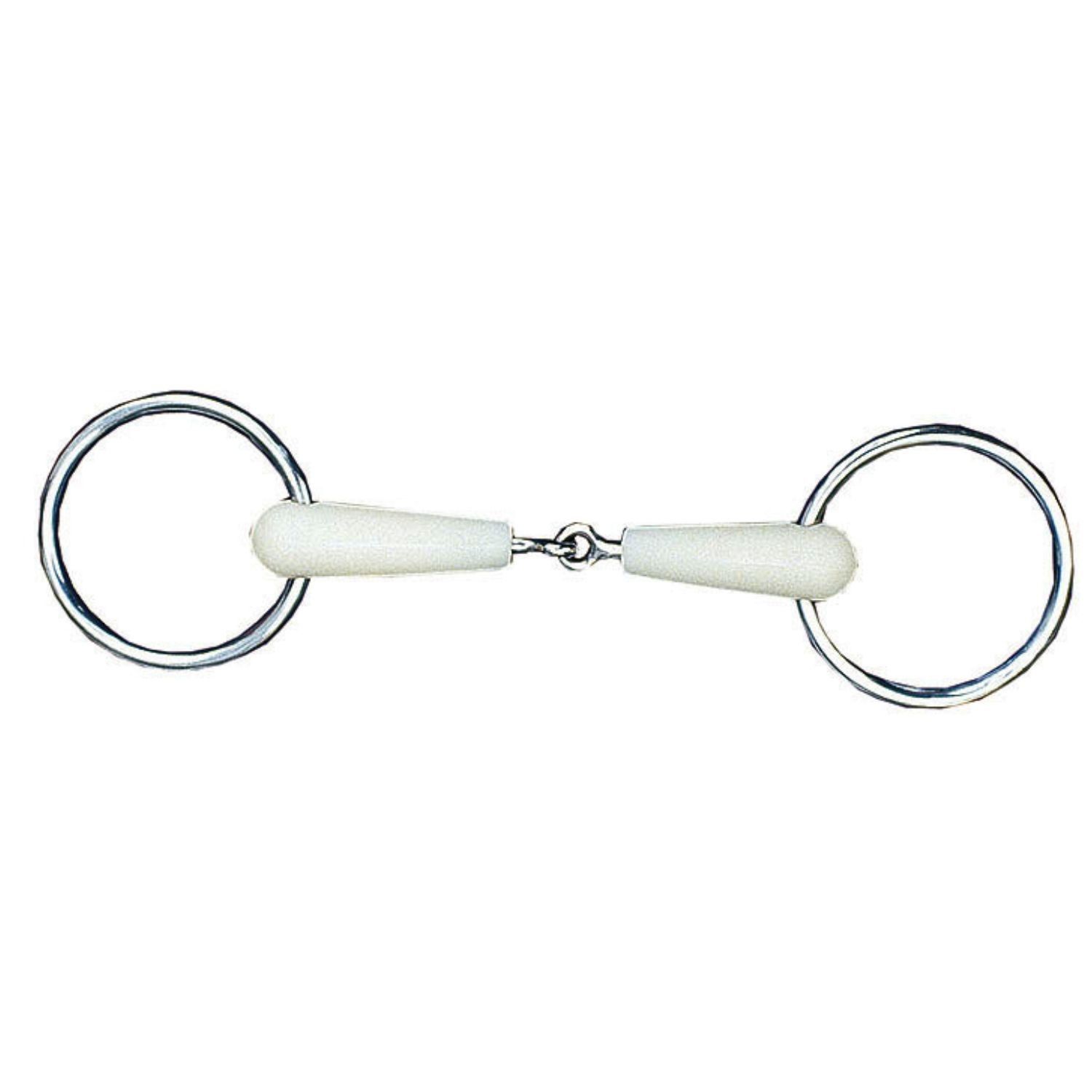 Gebiss mit weißen Mundstück und Metallringen. Verbindungsstück aus Metall.