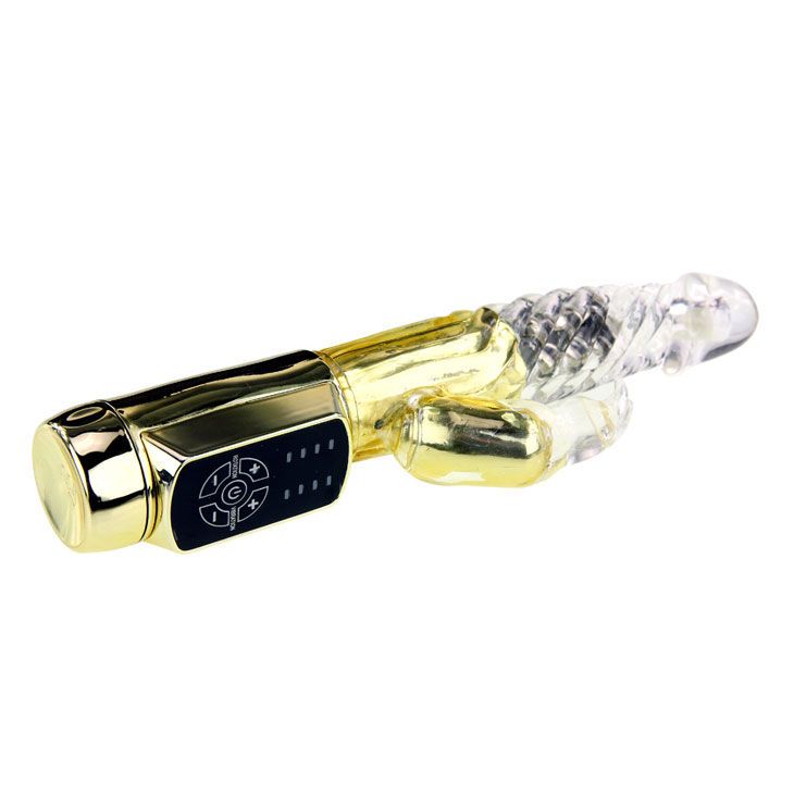 Goldfarbener Vibrator mit transparentem Kopf und Hasenohren. Auf weißem Hintergrund.