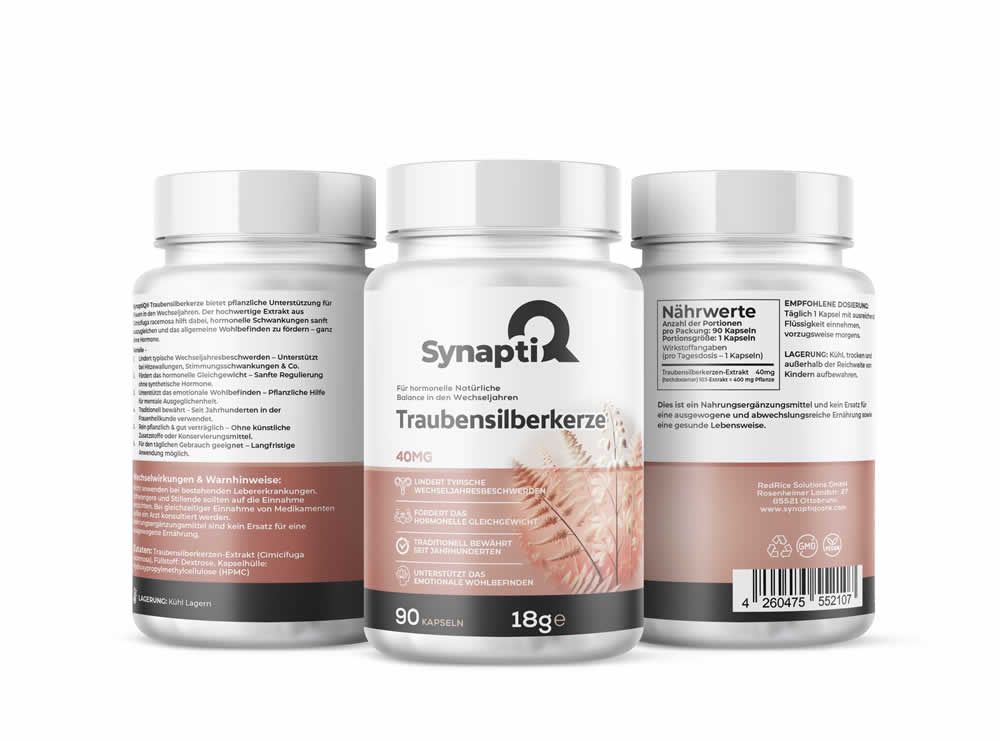 Drei weiße Pillenfläschchen mit "SynaptiQ"-Logo und "Traubensilberkerze"-Aufschrift. 90 Kapseln, 18g. Rosa-weiße Etikettierung.