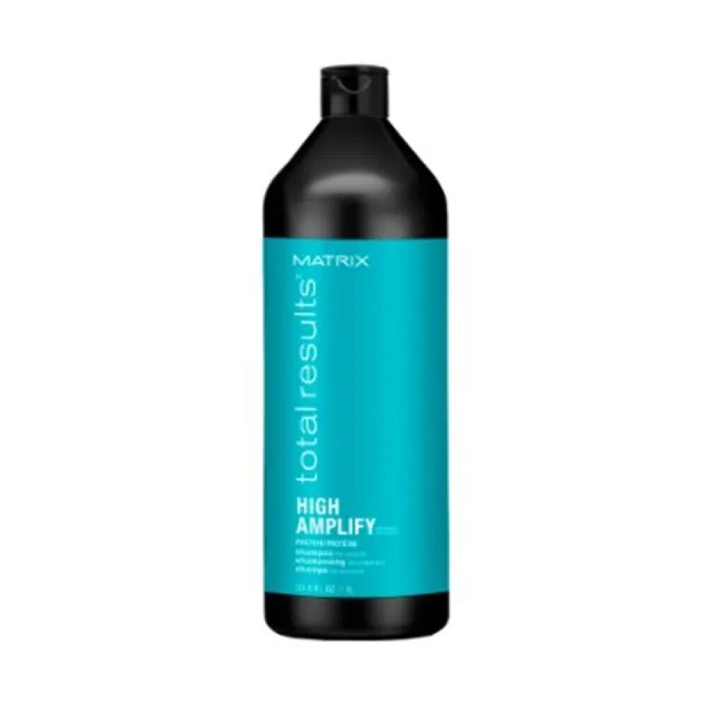 Schwarze Flasche mit türkisfarbenem Etikett. Aufschrift: Matrix Total Results High Amplify Shampoo.