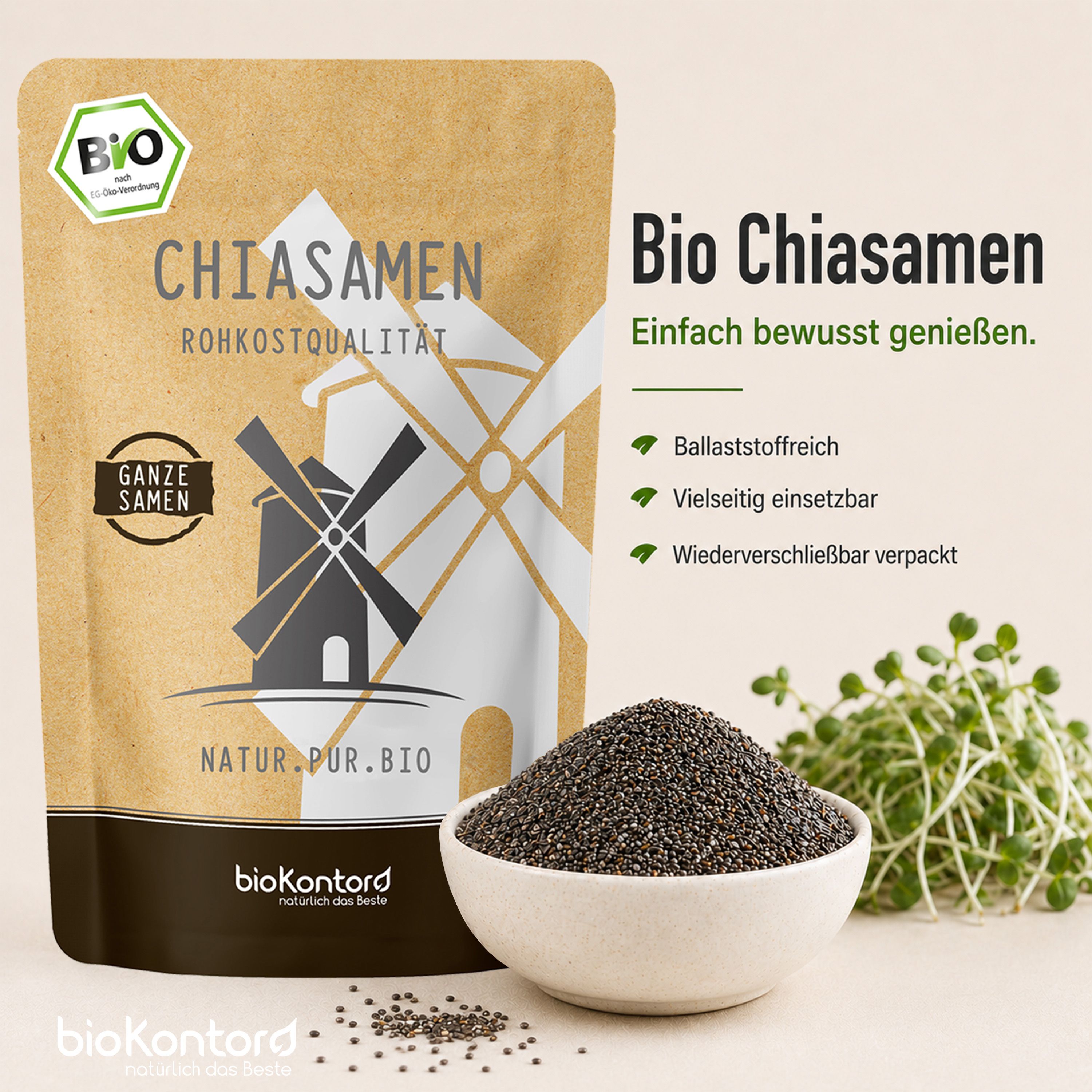 Bio Chiasamen in einer Schale neben einer Tüte, mit Text zu Ballaststoffen und Vielseitigkeit.