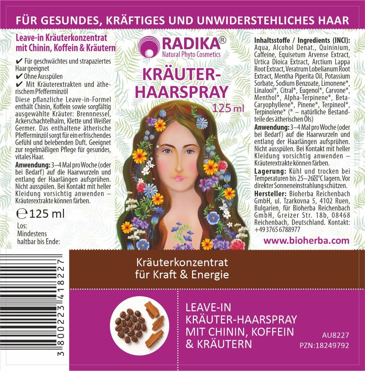 Detailansicht der Rückseite einer weißen Sprühflasche. Text und Inhaltsstoffe sind aufgedruckt. Illustration einer Frau mit Blumen.