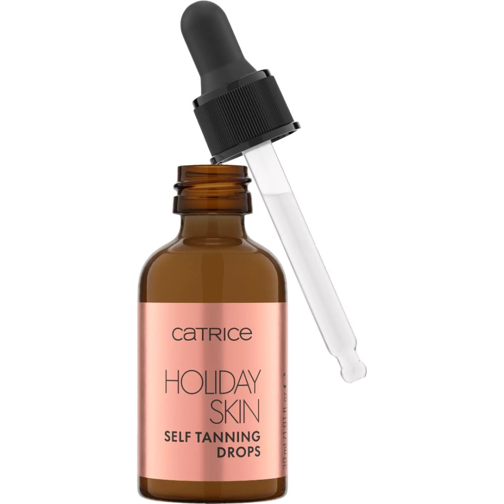 Braune Glasflasche mit Pipette. Aufschrift: Catrice, Holiday Skin, Self Tanning Drops.
