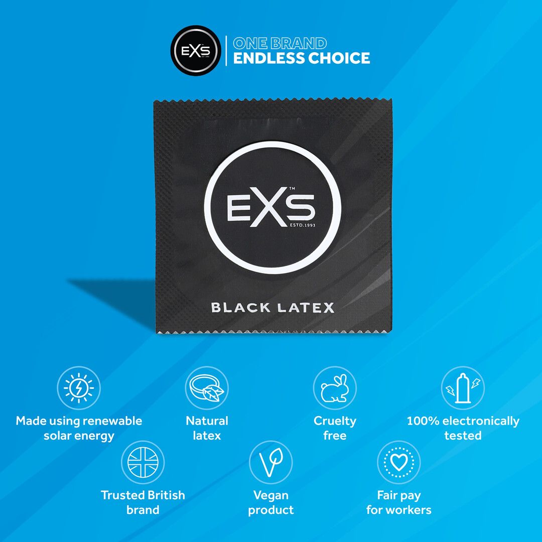 Schwarze Produktverpackung. Zeigt 'EXS Black Latex'. Enthält Logos für erneuerbare Energie, natürliches Latex, tierversuchsfrei, vegan.