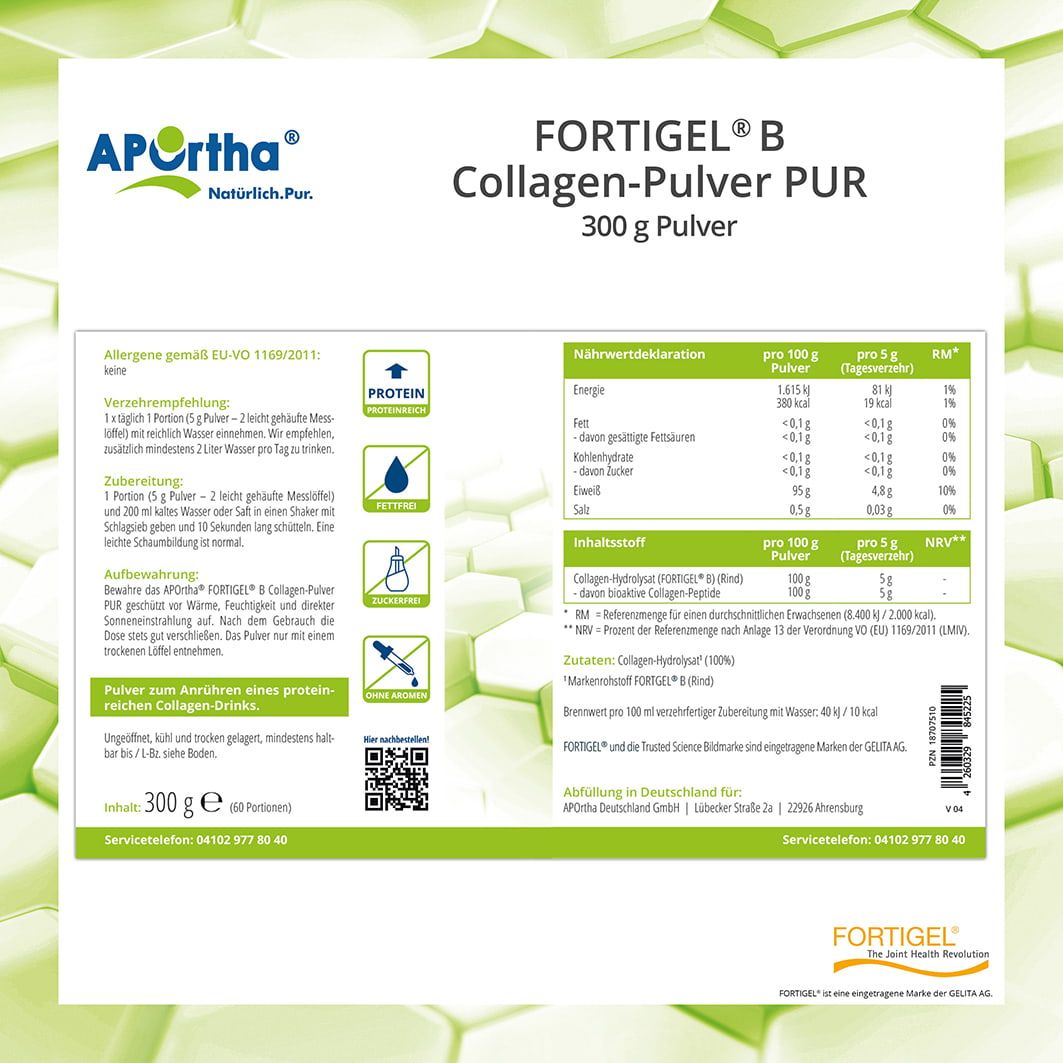 Produktinformationen auf weißem Hintergrund. FORTIGEL® B Collagen-Pulver PUR, 300 g Pulver. Nährwerttabelle und Inhaltsstoffe.