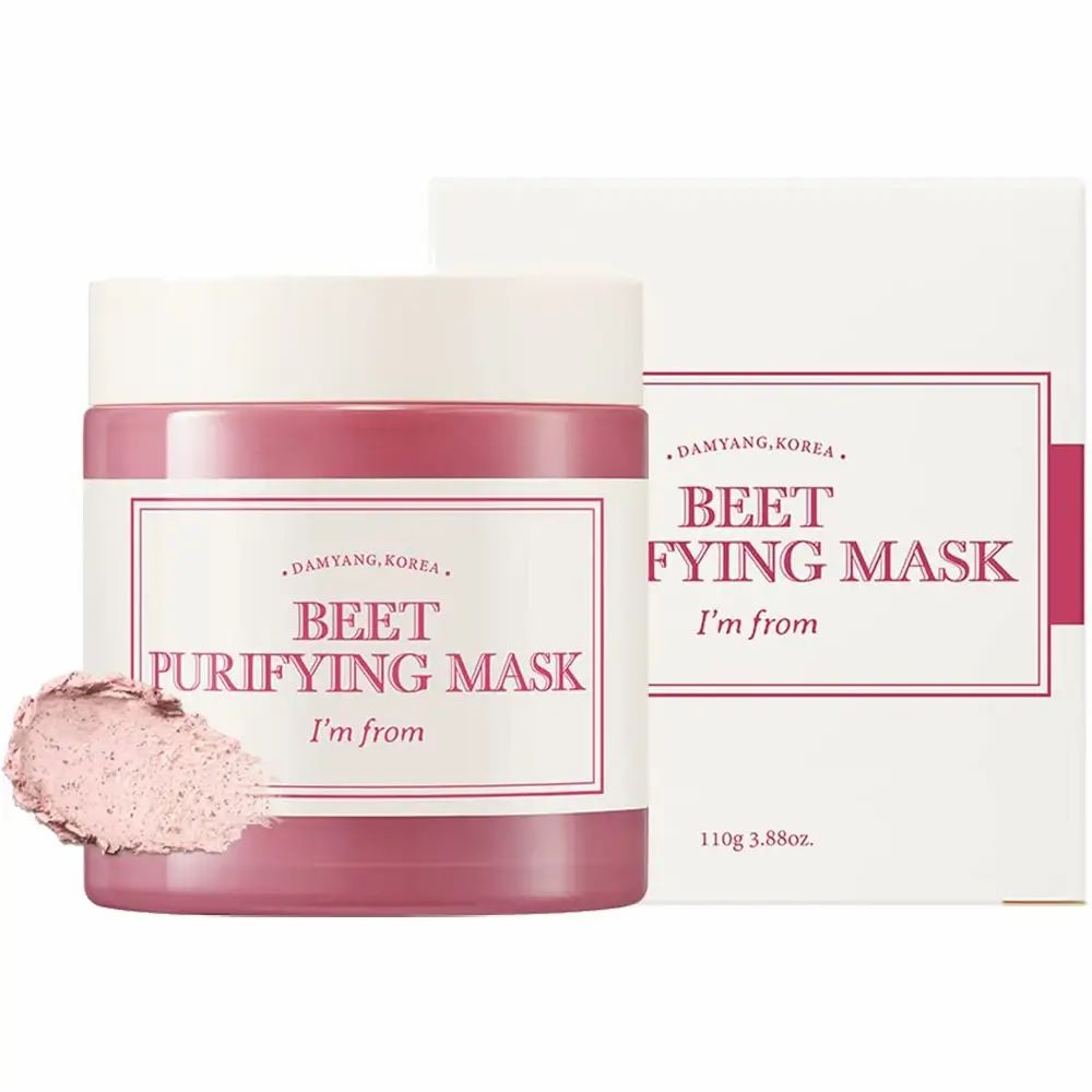 Gesichtsmaske und Verpackung. Text: BEET PURIFYING MASK, I'm from. Verpackung mit 110g 3.88oz.