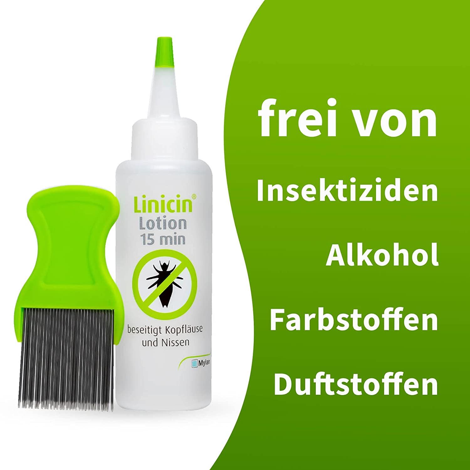 Linicin Lotion, weiße Flasche, grüner Kamm. Text: frei von Insektiziden, Alkohol, Farbstoffen, Duftstoffen.