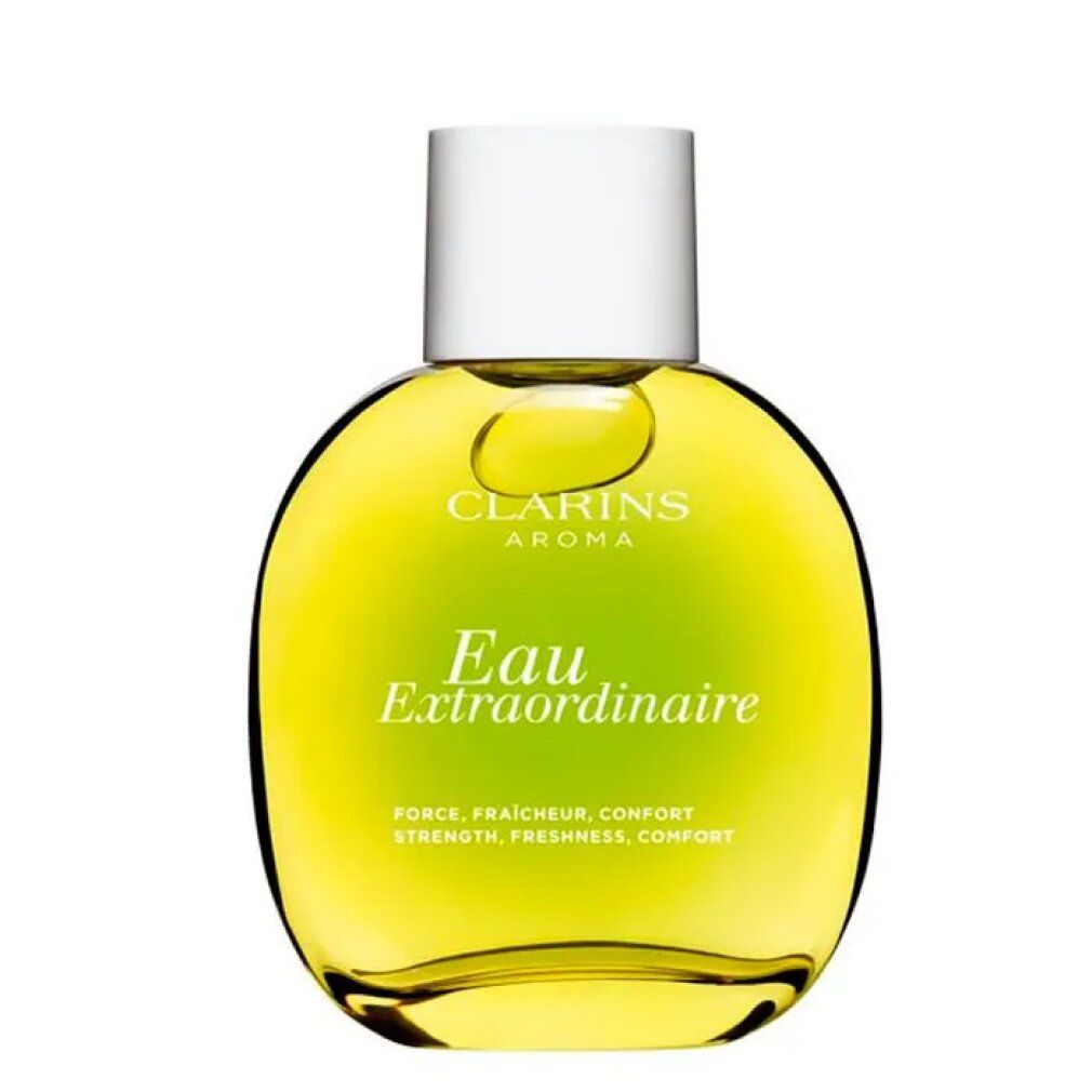 Runde Flasche mit gelber Flüssigkeit. Aufschrift: Clarins Aroma Eau Extraordinaire. Weiße Kappe.