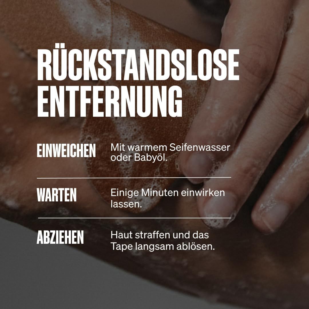 Entfernung von Kinesiologie-Tape: Einweichen mit warmem Wasser/Öl, langsam abziehen.