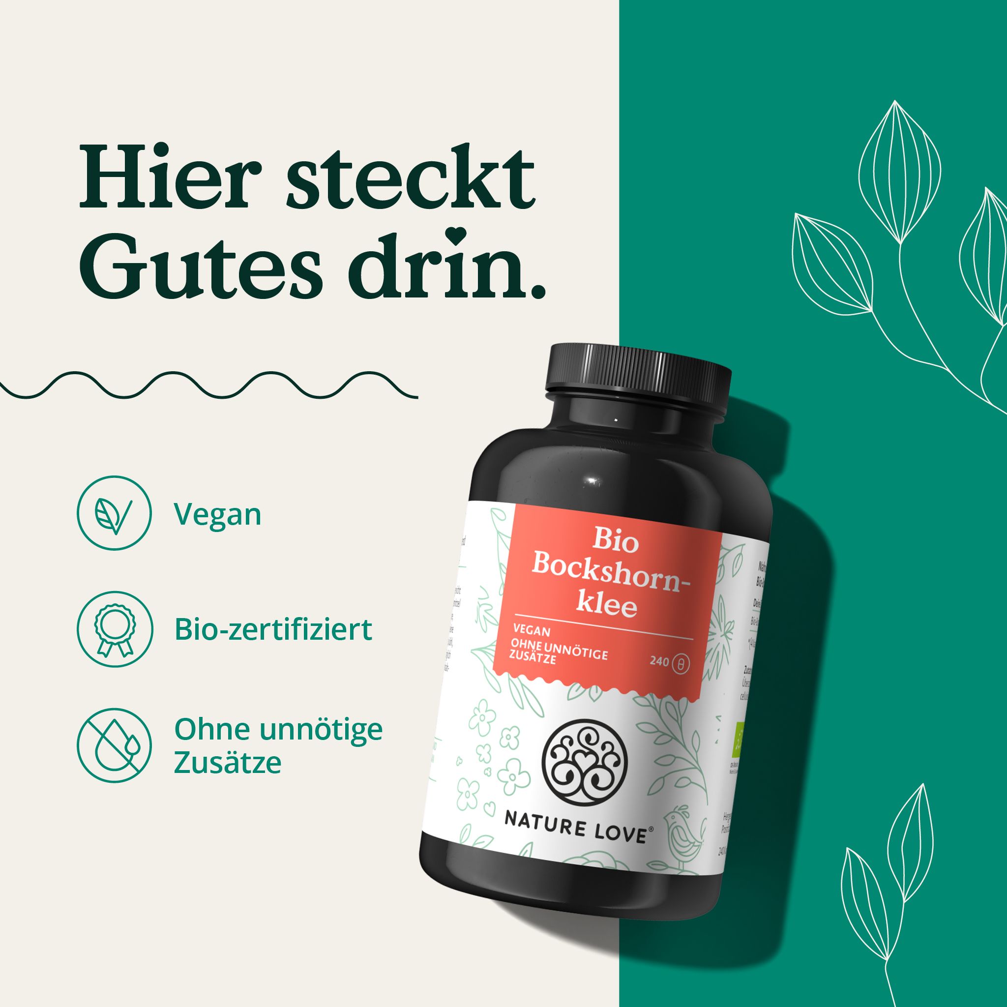Schwarze Flasche mit rotem Etikett. Aufschrift: Bio Bockshornklee, vegan, ohne unnötige Zusätze. Marke: NATURE LOVE®. Bio-zertifiziert.