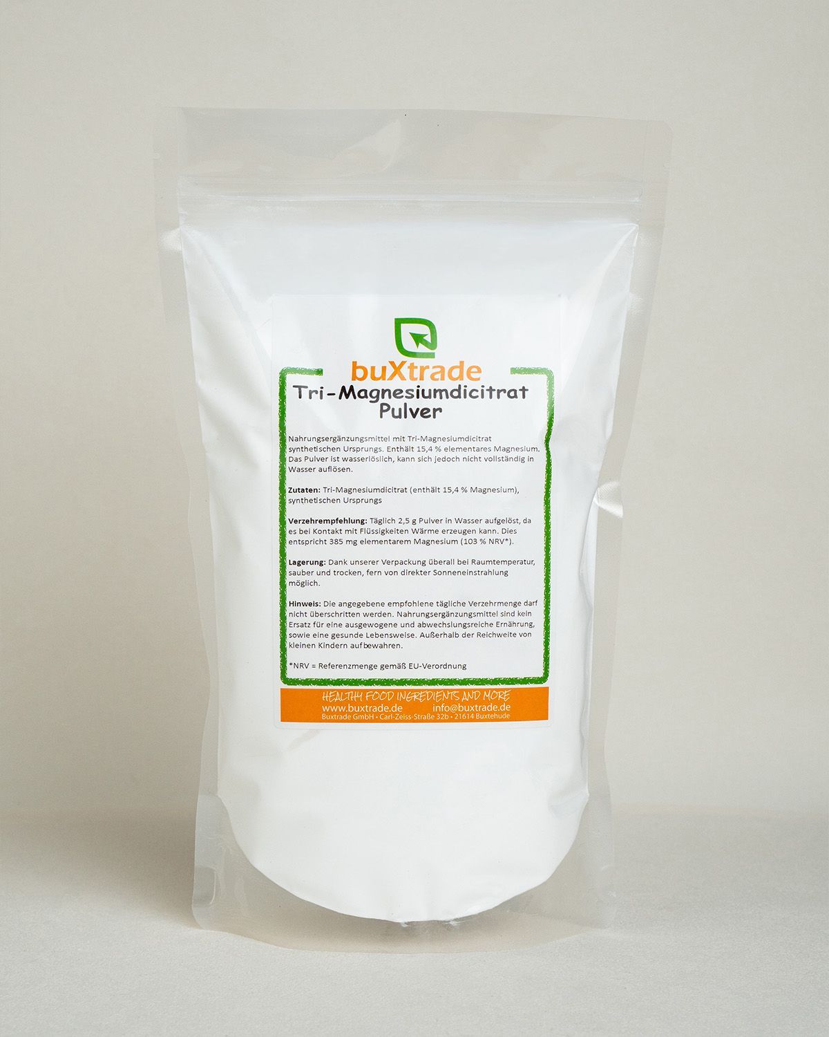Buxtrade Tri-Magnesiumcitrat Pulver in weißer Standbodenbeutel-Verpackung mit Etikett.