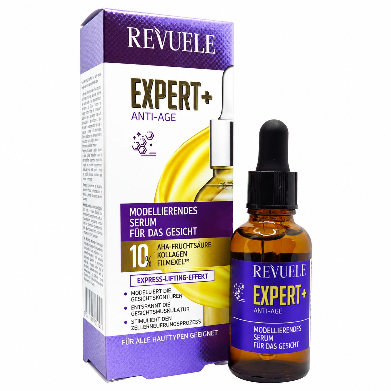 Revuele Expert+ Anti-Age Serum mit AHA-Fruchtsäure, Kollagen und Filmexel. Flakon mit Pipette und Umverpackung.