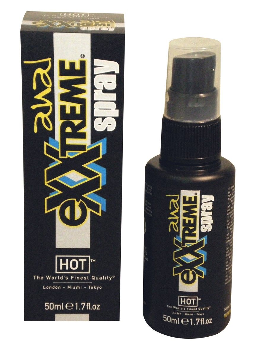 Schwarze Flasche und Verpackung mit Produktnamen und Logo. Sprühkopf. Text: HOT, anal exxtreme spray, 50ml e1.7 fl.oz.