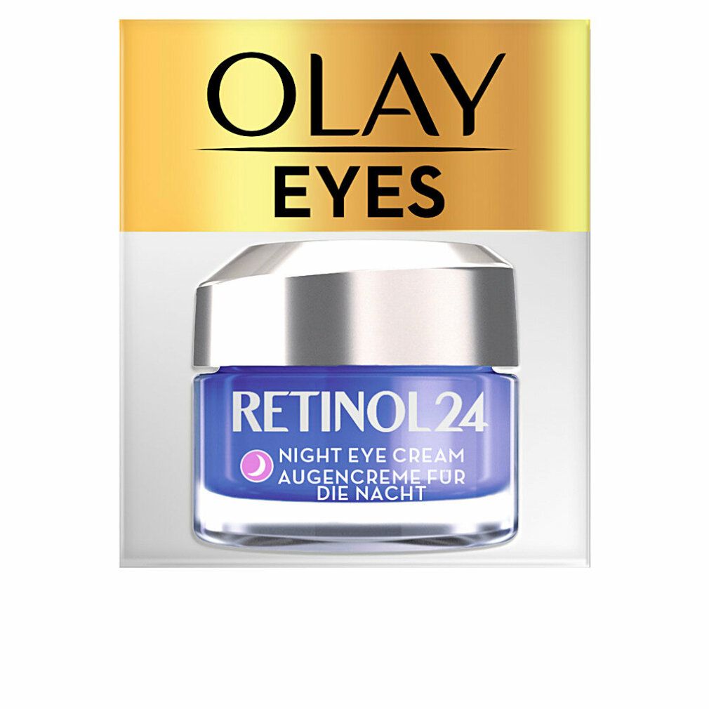 Olay Eyes Retinol 24 Nacht Augencreme. Blaue Creme in einem Glasbehälter mit silbernem Deckel. Verpackung mit goldenem Olay-Logo.