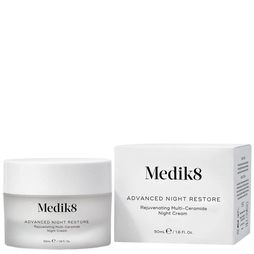 Weißes Tiegel und Schachtel. Aufschrift: Medik8, Advanced Night Restore. Text: Rejuvenating Multi-Ceramide Night Cream. 50ml/1.6 fl oz.