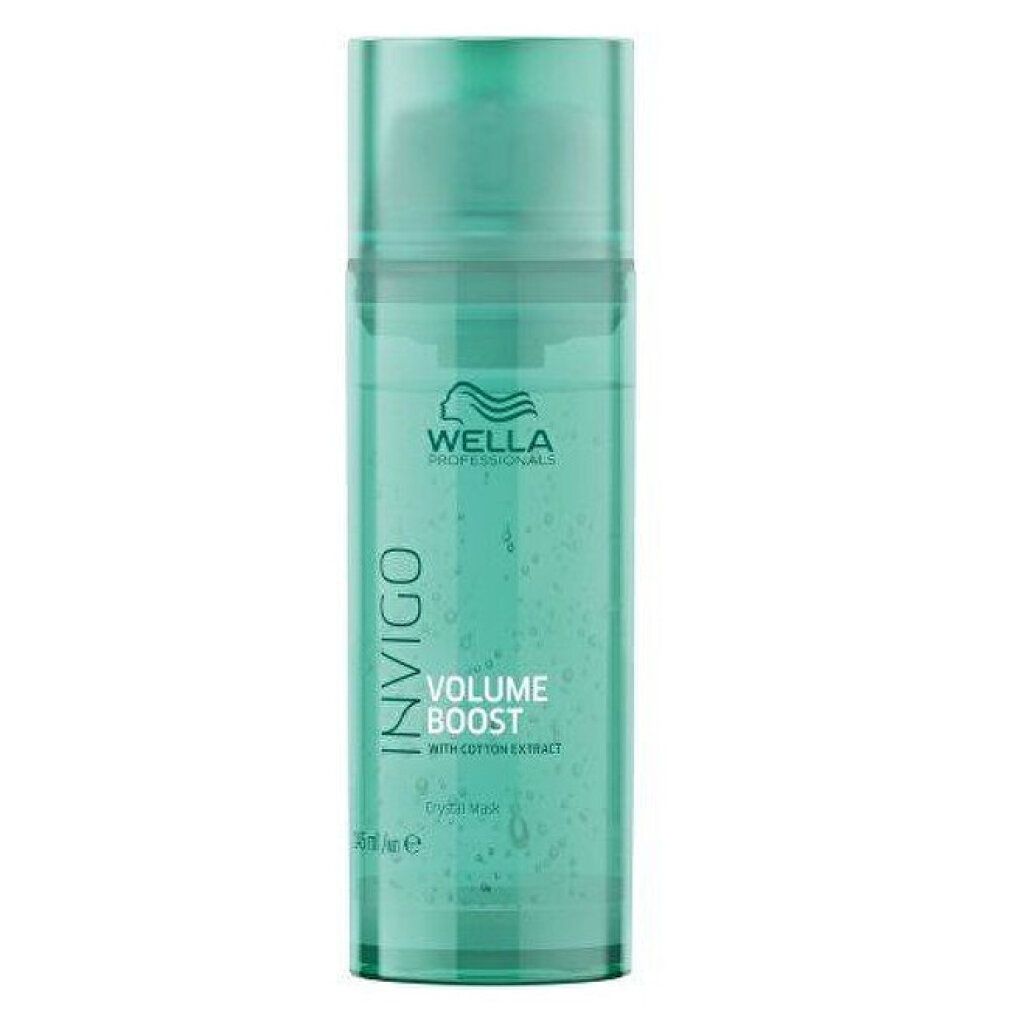Zylindrische Flasche mit grünem Deckel. Aufschrift: Invigo, Wella, Volume Boost, Crystal Mask. Mit Baumwollextrakt.