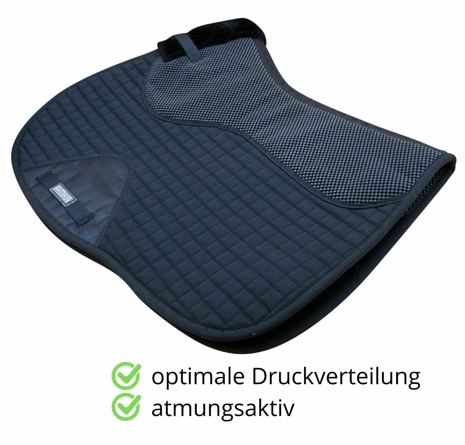 Schwarze Sattelunterlage. Text: 'optimale Druckverteilung' und 'atmungsaktiv'.