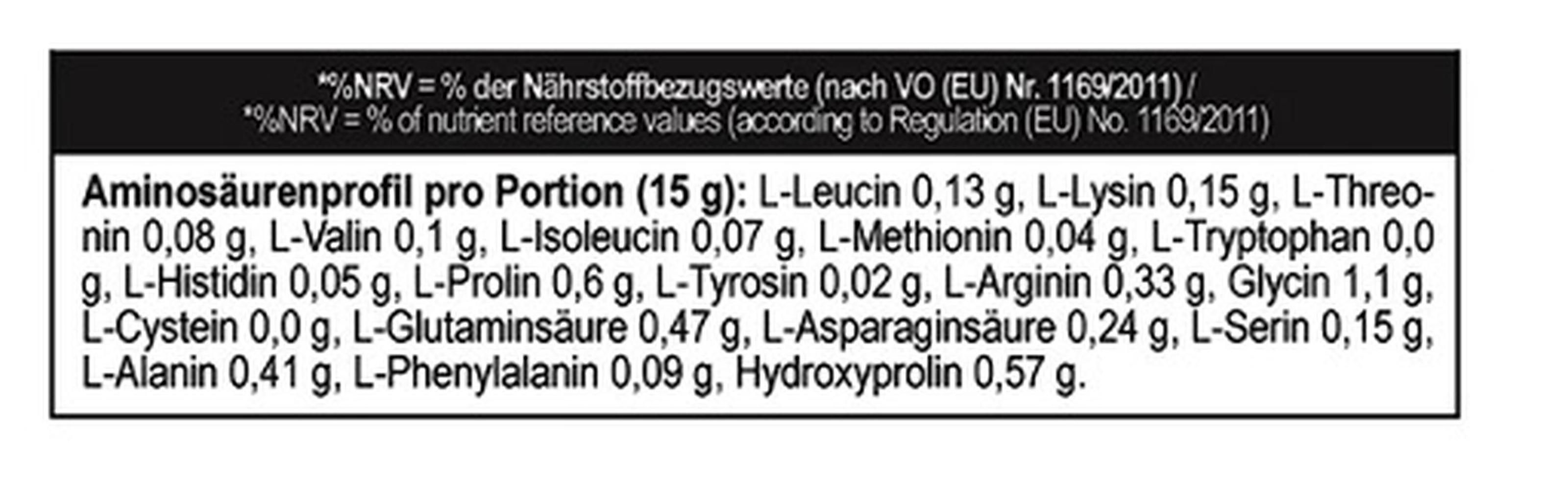 Aminosäurenprofil pro Portion (15 g). Enthält u.a. L-Leucin, L-Lysin, L-Threonin, L-Valin, L-Isoleucin, L-Methionin.