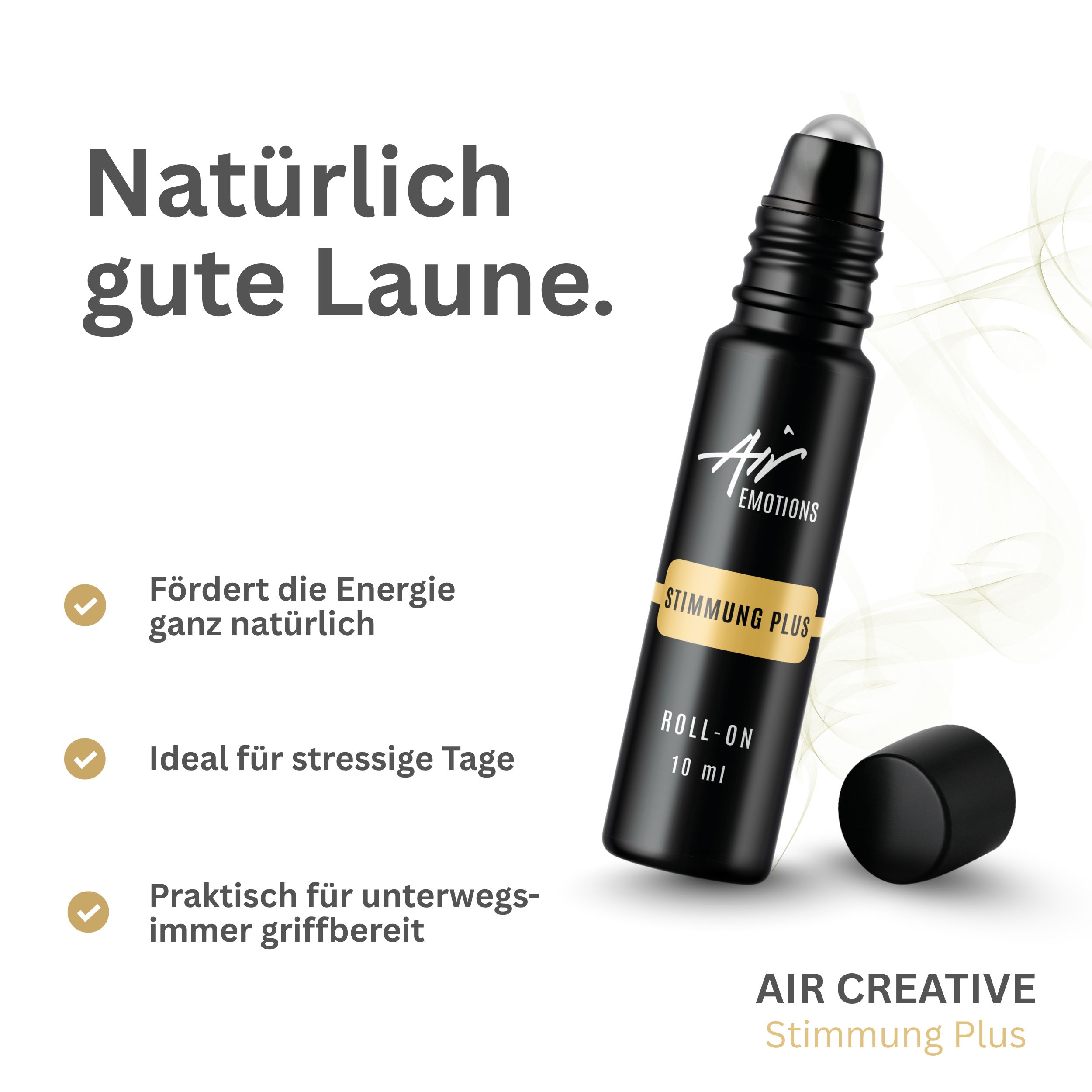 Schwarze Roll-On-Flasche mit "Stimmung Plus"-Etikett. 10 ml. Deckel daneben. Text: "Natürlich gute Laune".