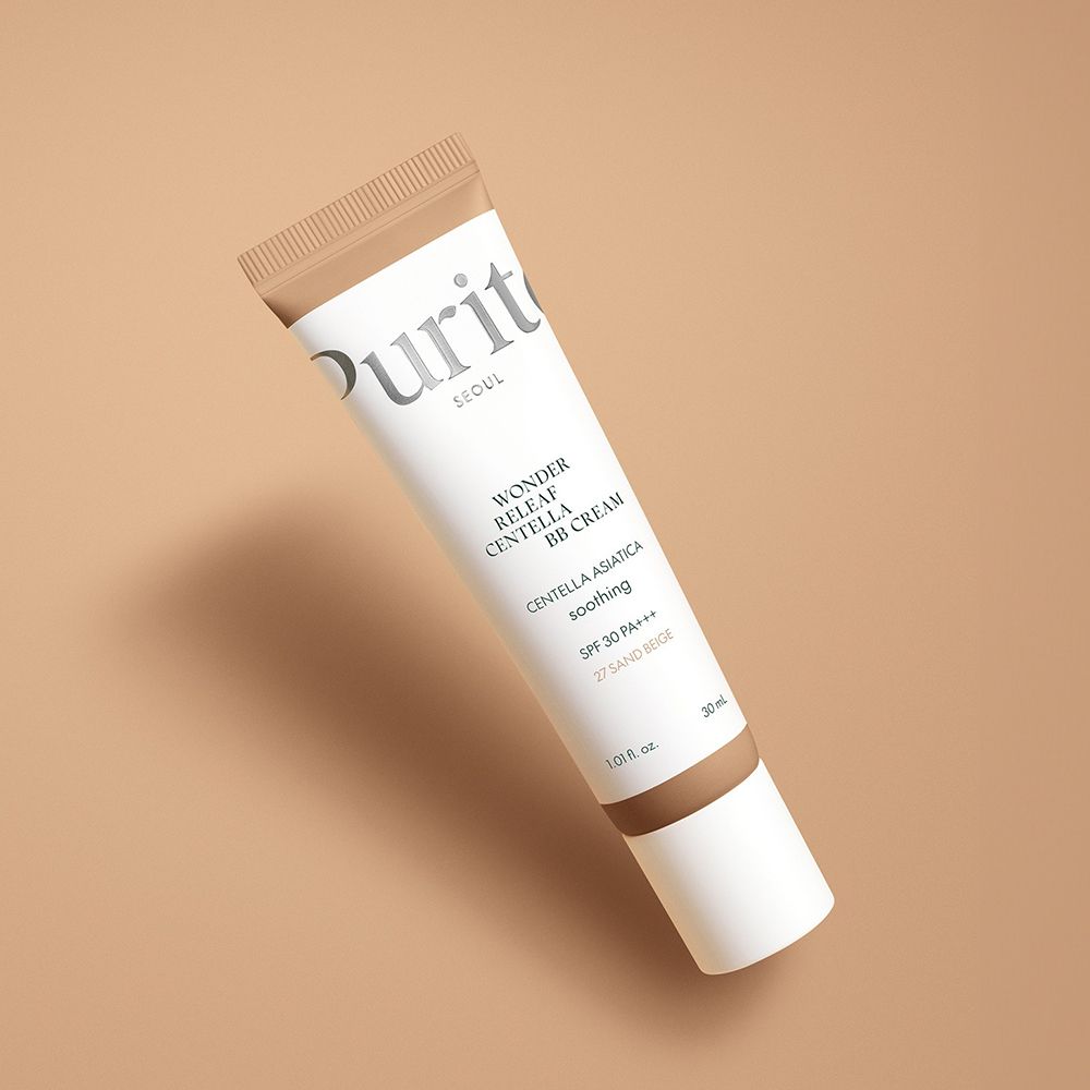 Schräg liegende Tube PURITO Wonder Releaf Centella BB Cream, Farbton 27 Sand Beige, SPF 30 PA+++. Weißes Tube, brauner Deckel.